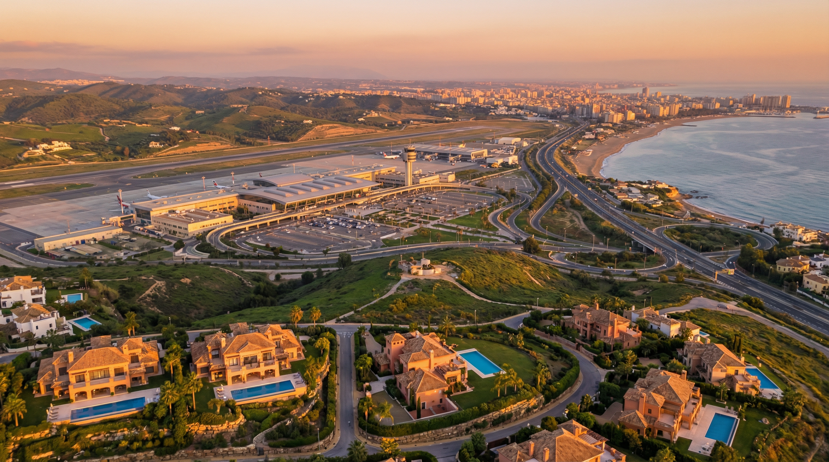 Légifotó a málagai repülőtérről, modern építészetével és a Costa del Sol gyönyörű tengerpartjával a háttérben, prémium ingatlanokkal az előtérben.