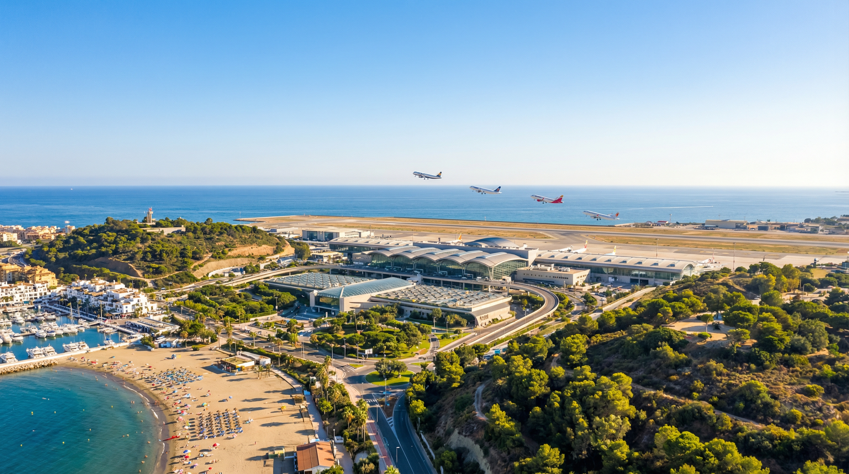 Légi felvétel Málaga repülőtérről, Costa del Sol gyönyörű tájaival, modern építészettel és Puerto Banús strandjával.