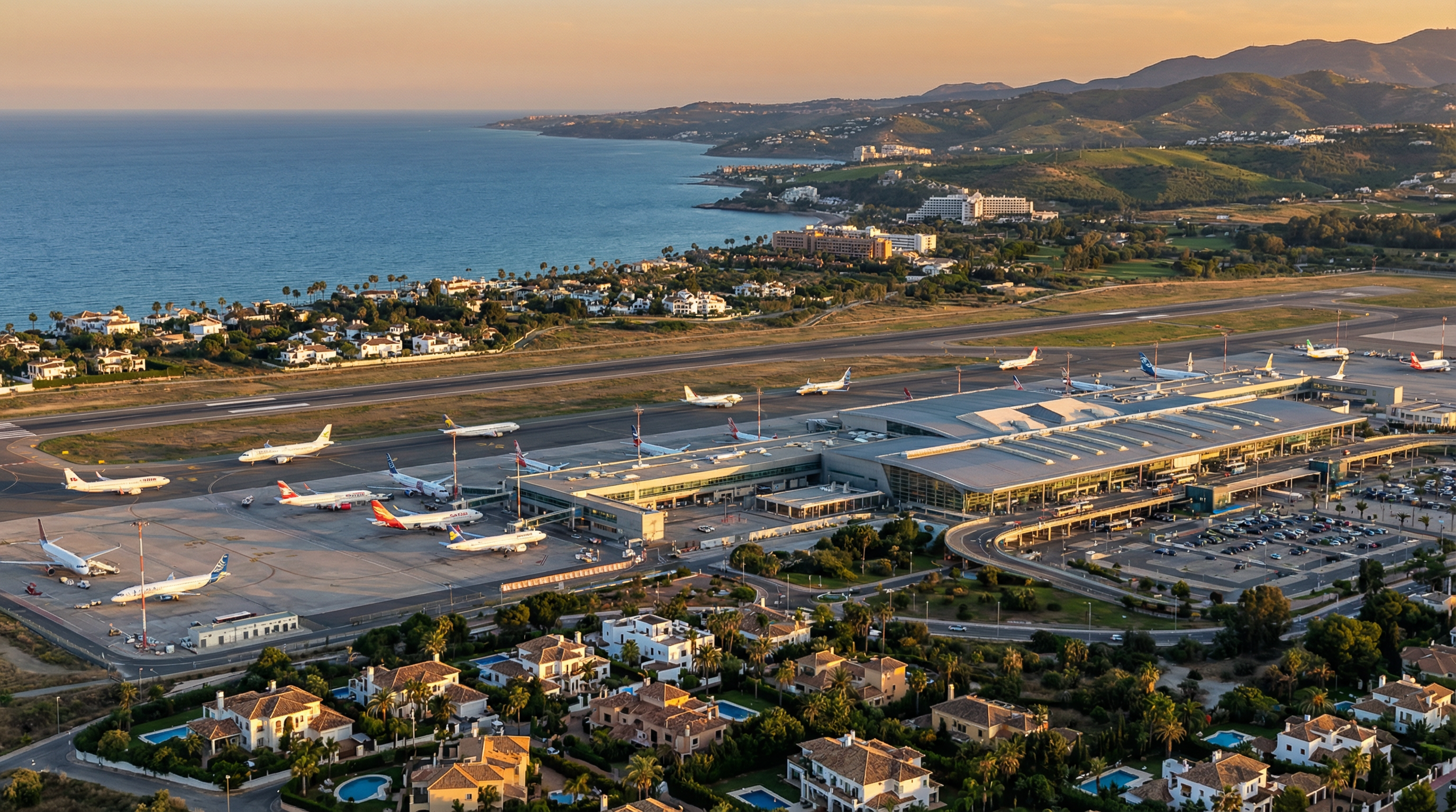 Ilmakuva Málagan lentokentästä, modernista arkkitehtuurista ja Costa del Solin rannikon kauneudesta. Taustalla Välimeri ja vihreät kukkulat.