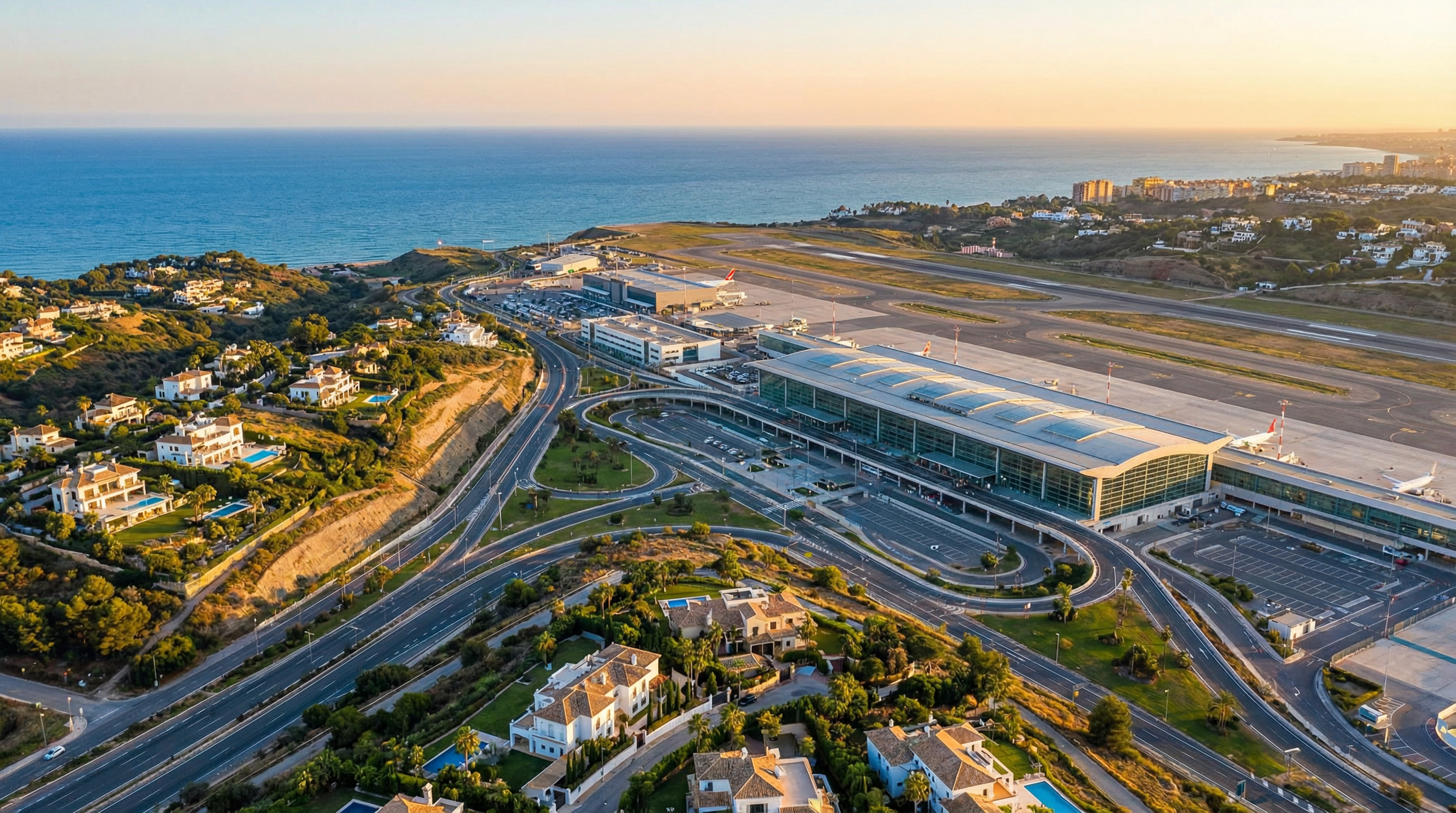 Ilmakuva Málagan lentokentästä Costa del Solilla, modernit terminaalit ja ympäröivä vihreä maisema, luksusvillat ja kirkas meri taustalla.