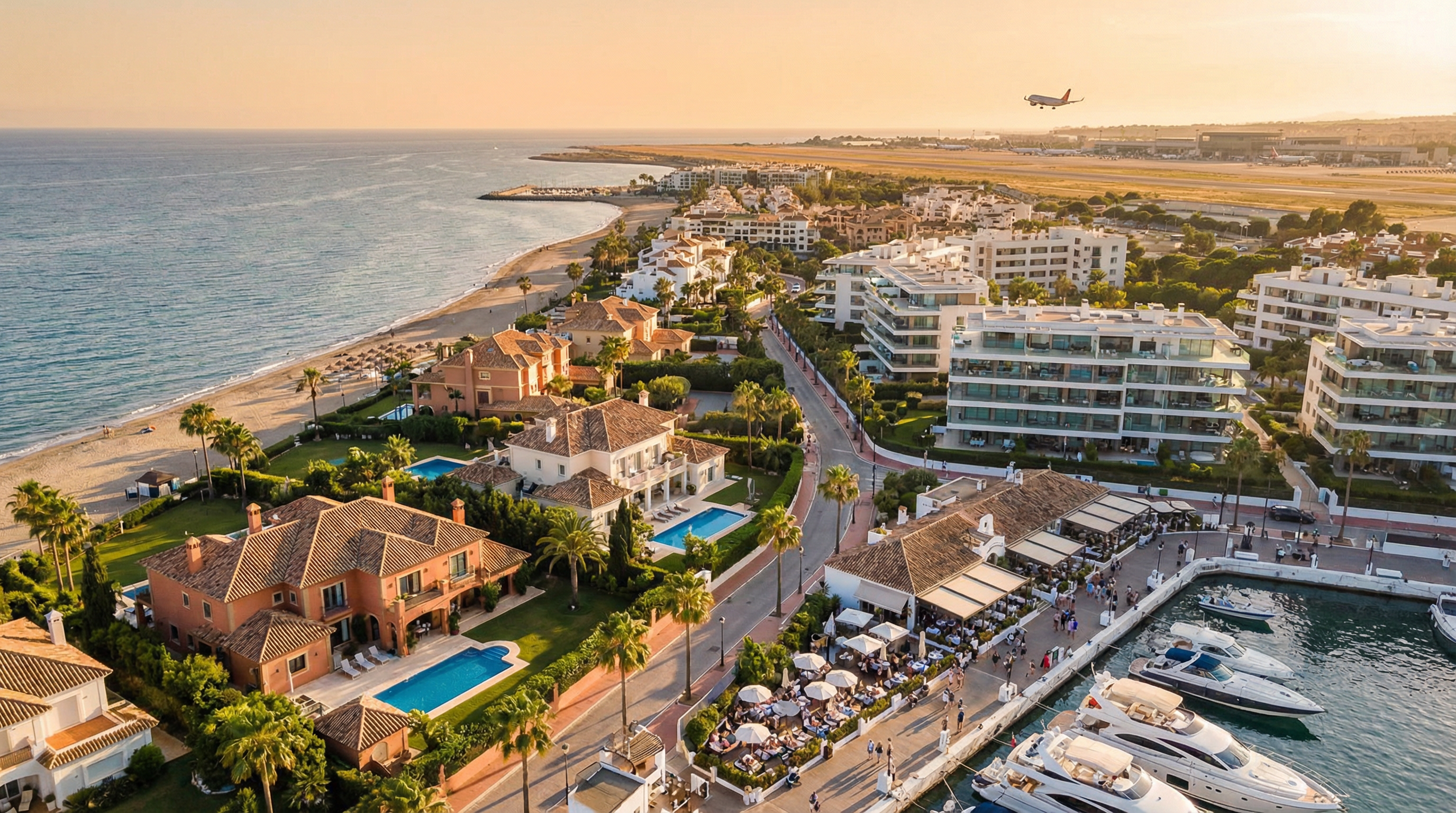 Ilmakuva Costa del Solista, jossa näkyy luksustaloja ja moderneja asuntoja, taustalla Málaga-lentokenttä ja Puerto Banúsin vilkas rantaelämä.