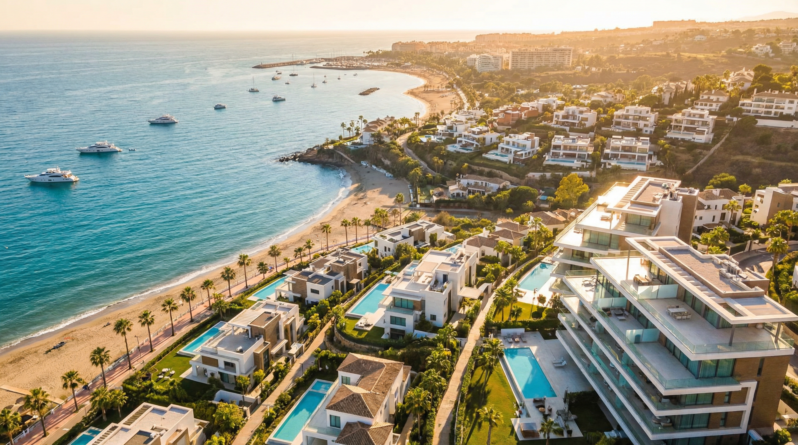 Luftfoto af Costa del Sol med luksuriøse villaer og moderne lejligheder inden for 45 minutters kørsel fra Málaga Lufthavn. Blå hav, sandstrande og palmer.