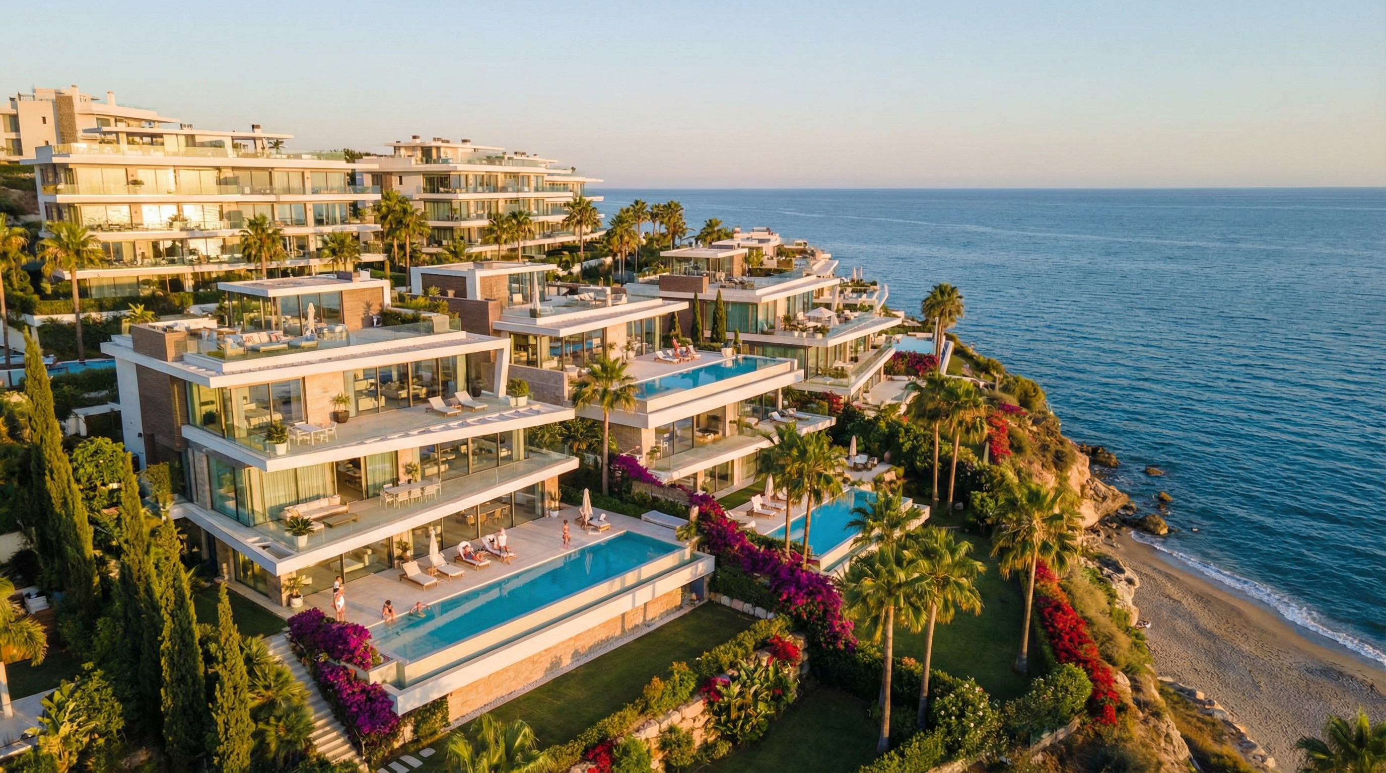 Luftaufnahme einer modernen, markenresidierenden Luxusimmobilie an der Costa del Sol mit Glasfassaden, umgeben von mediterranen Pflanzen und dem blauen Meer im Hintergrund.