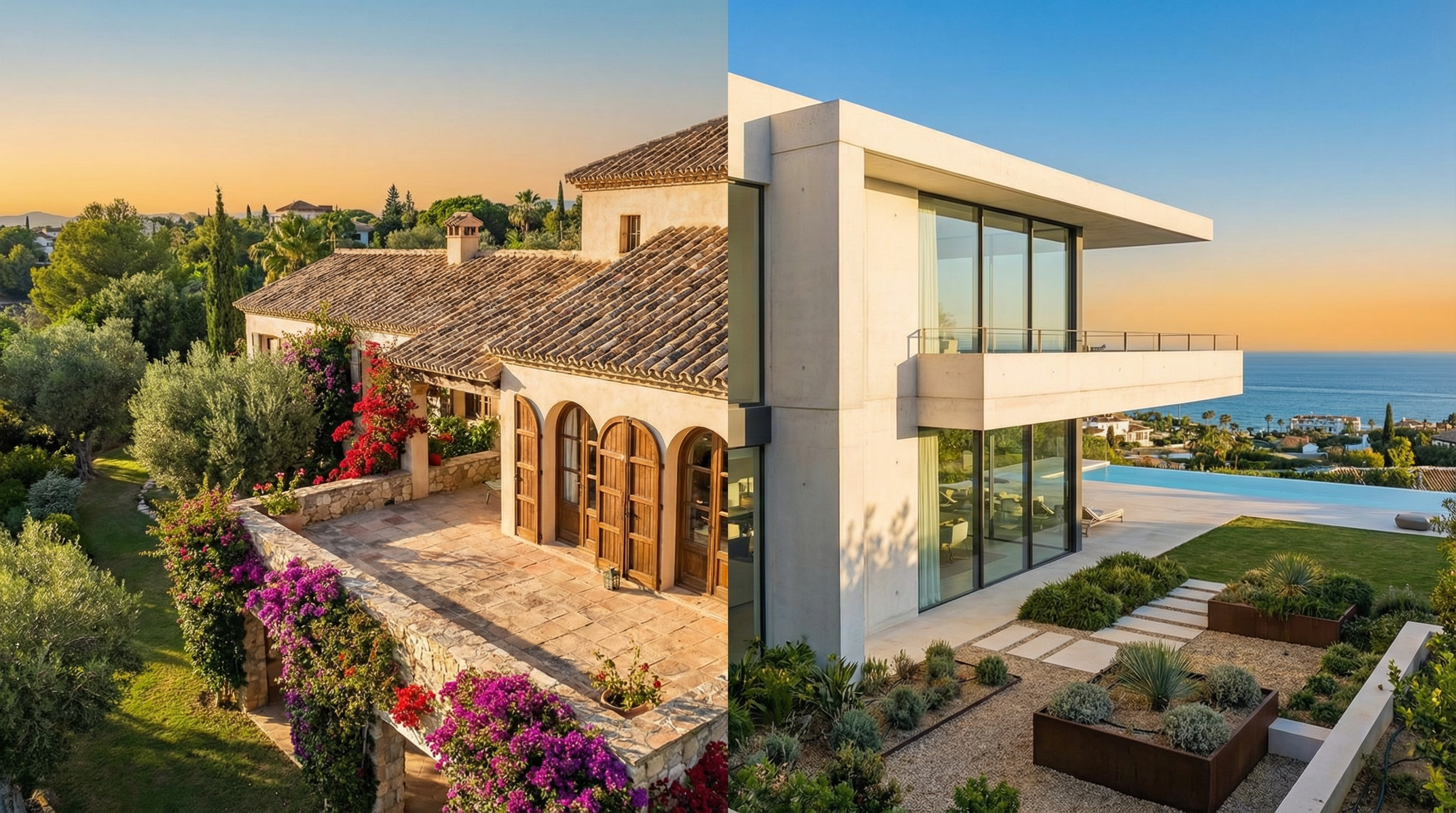 En fantastisk vy av en medelhavsvilla med terrakottatak och en modern bostad i Costa del Sol, som visar kontrasten mellan rustik charm och stilren design.