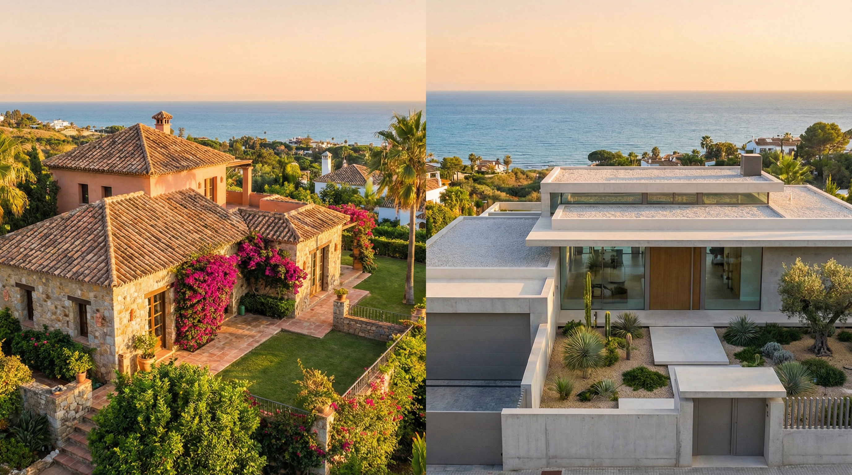 Ein atemberaubender Blick auf eine mediterrane Villa mit Terrakottadächern und eine moderne Villa an der Costa del Sol, die den architektonischen Kontrast zeigt.