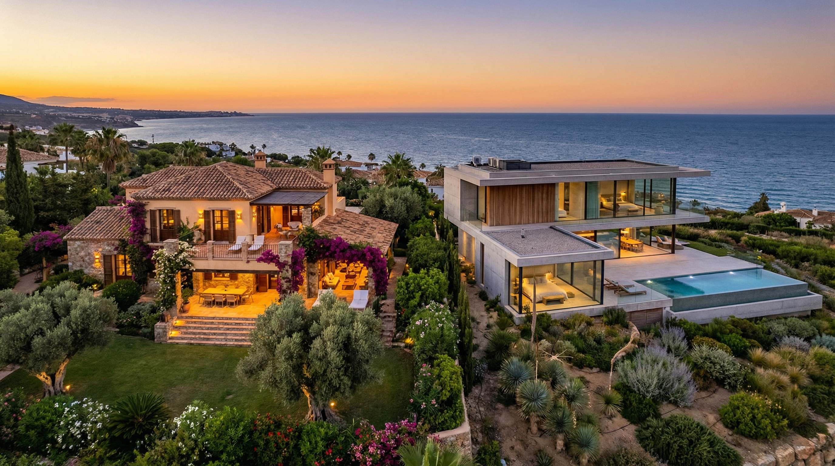 Aftenbillede af en traditionel middelhavs-villa med terracotta tag og en moderne bolig ved Costa del Sol, begge med udsigt til Middelhavet.