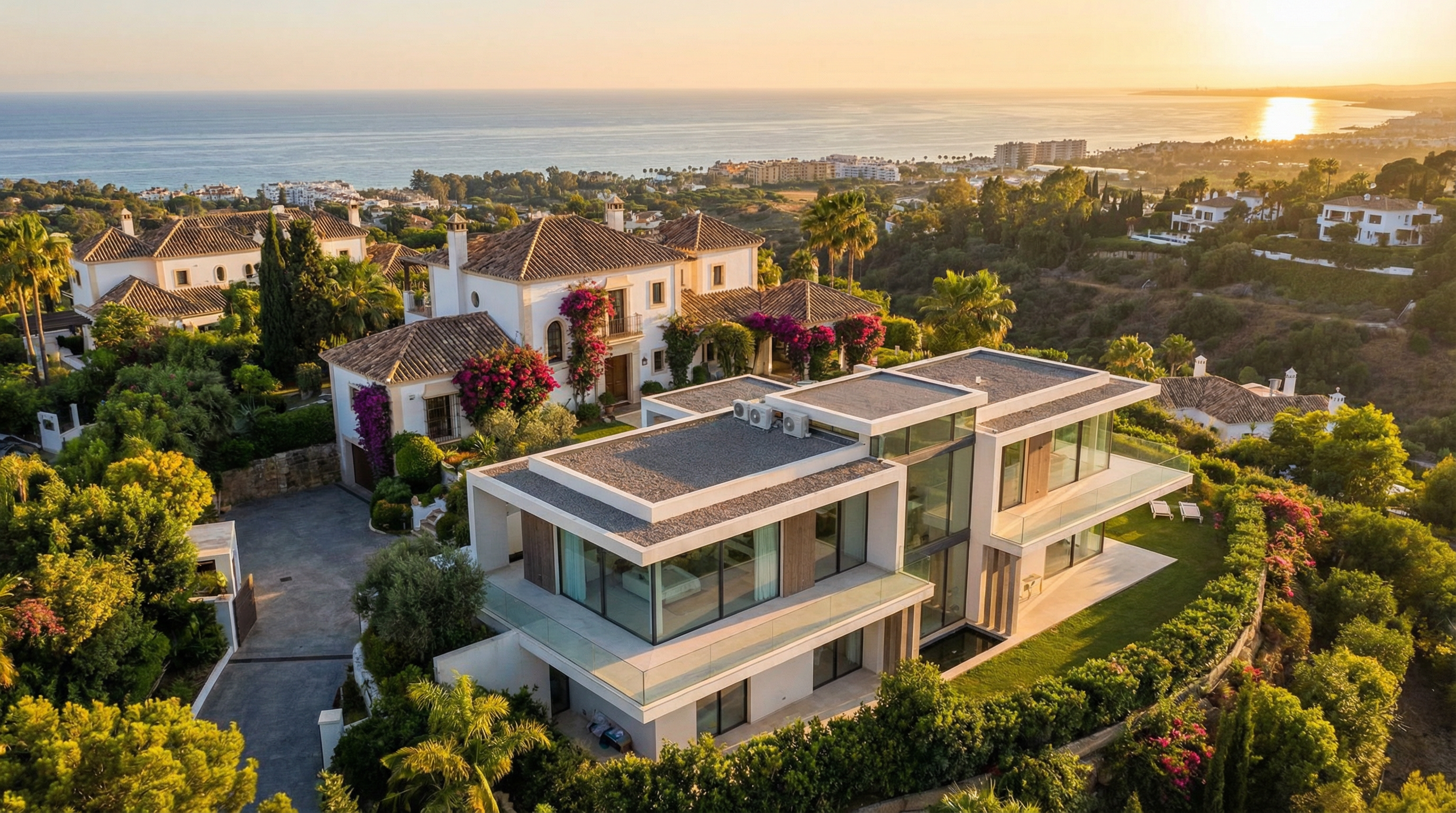 Vue aérienne d'une villa méditerranéenne luxueuse avec toiture en tuiles et maison contemporaine sur la Costa del Sol, Espagne, au coucher du soleil.