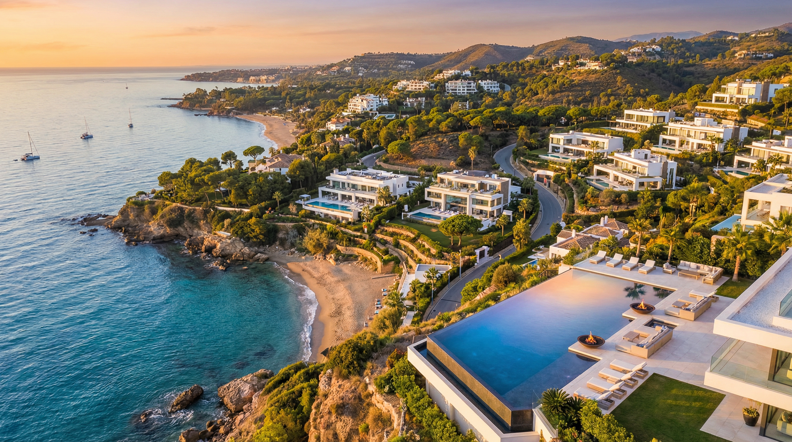 Vue aérienne époustouflante de la Costa del Sol, montrant des villas modernes à Marbella et Benahavís, avec des eaux turquoise et des plages dorées.