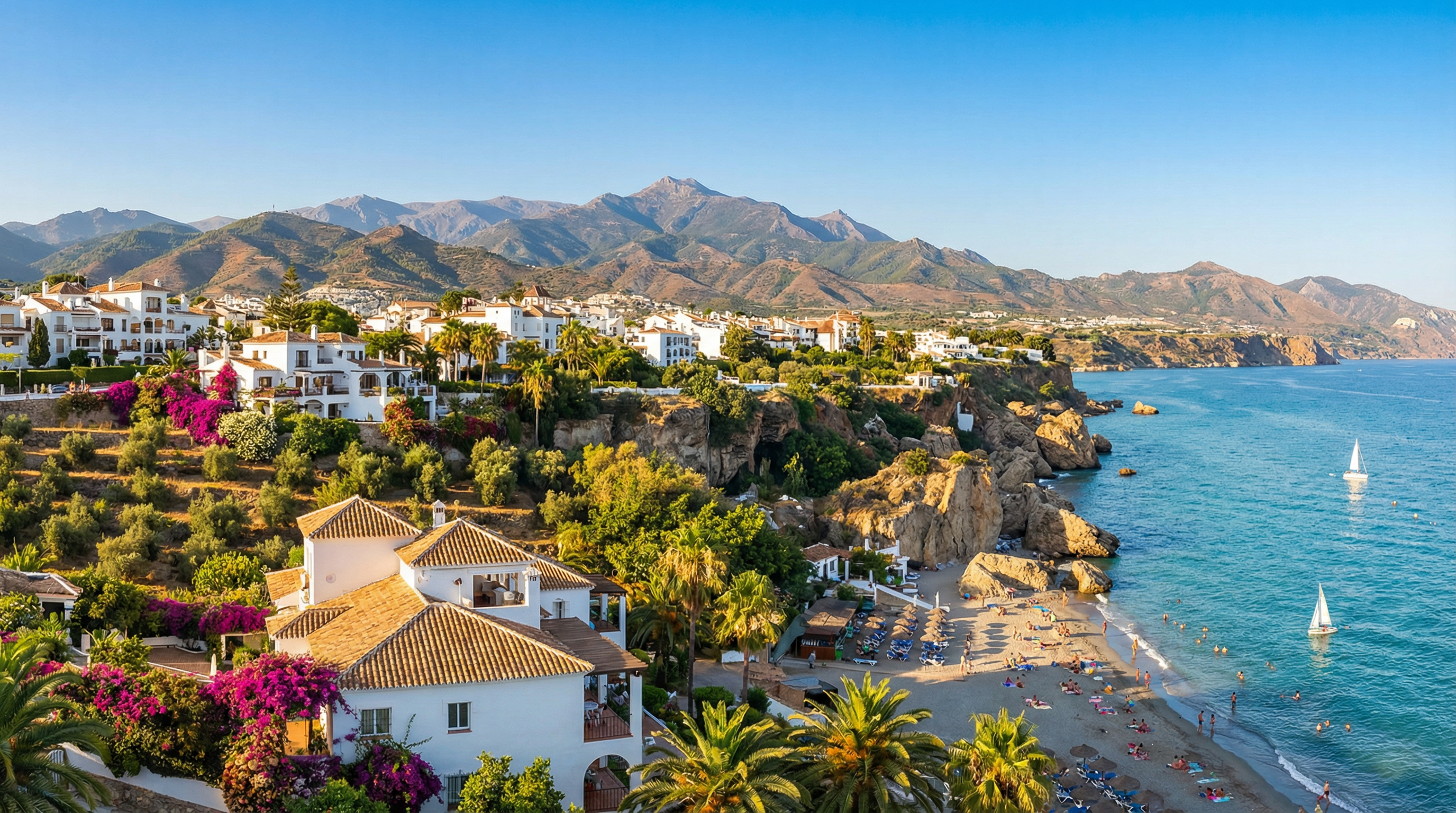 A Costa del Sol lenyűgöző panorámája, ahol a mediterrán építészet találkozik a Sierra Nevada hegyekkel, napfényes otthonokkal és zöldellő környezettel.