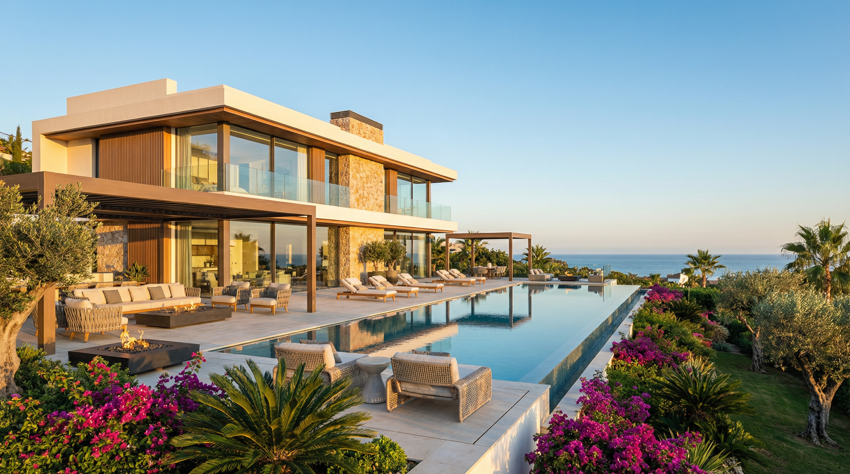 Modern villa panorámás kilátással a Costa del Sol-on, mediterrán tengerrel és buja kertekkel, a luxus életstílus megtestesítője.