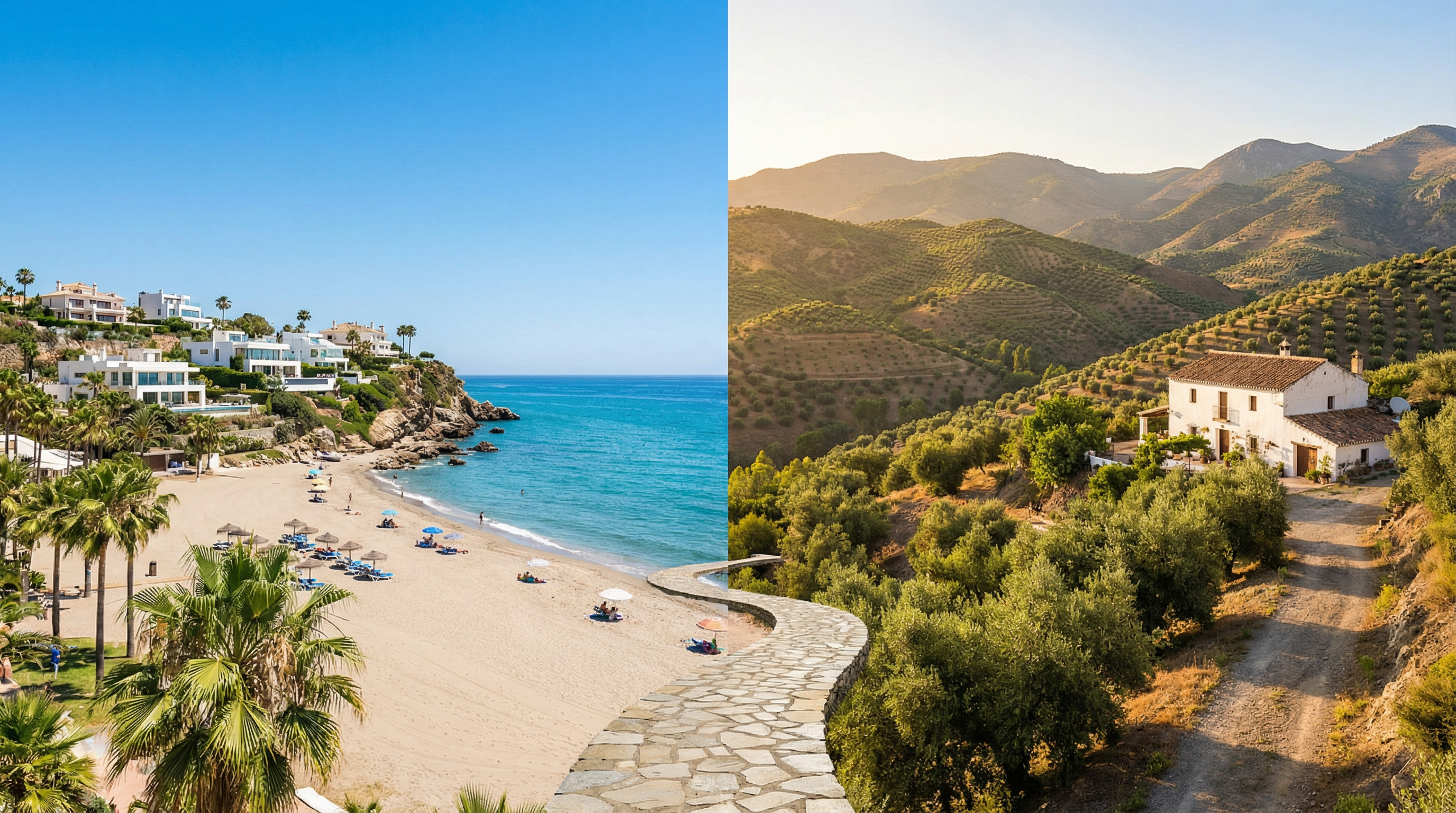 A stunning split view of Costa del Sol, showcasing Marbella's beach with luxury villas and serene mountains with an Andalusian house.