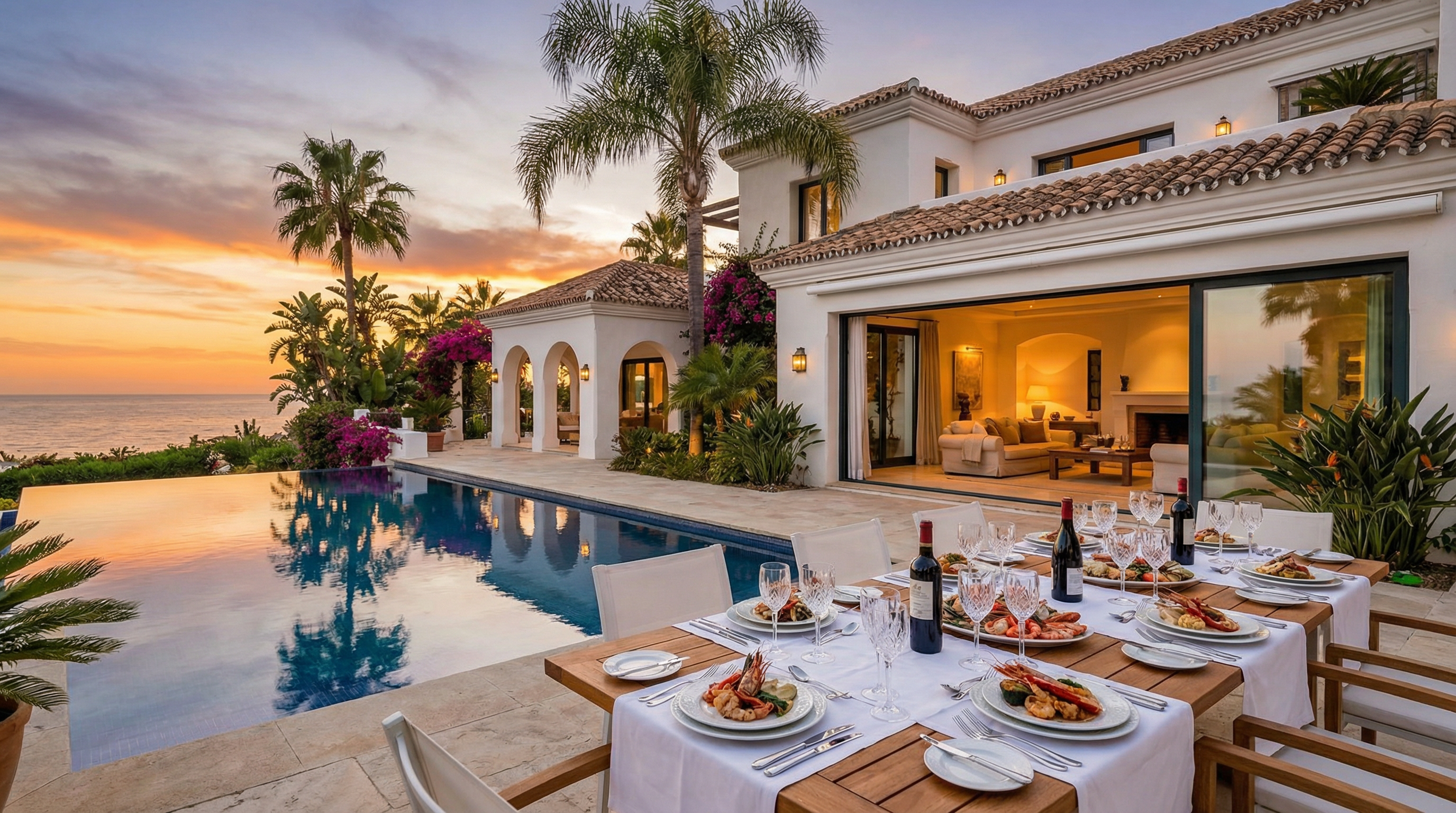 Luksusowa willa na Costa del Sol z elegancką architekturą śródziemnomorską, otoczona tropikalnymi ogrodami, zachód słońca nad oceanem.