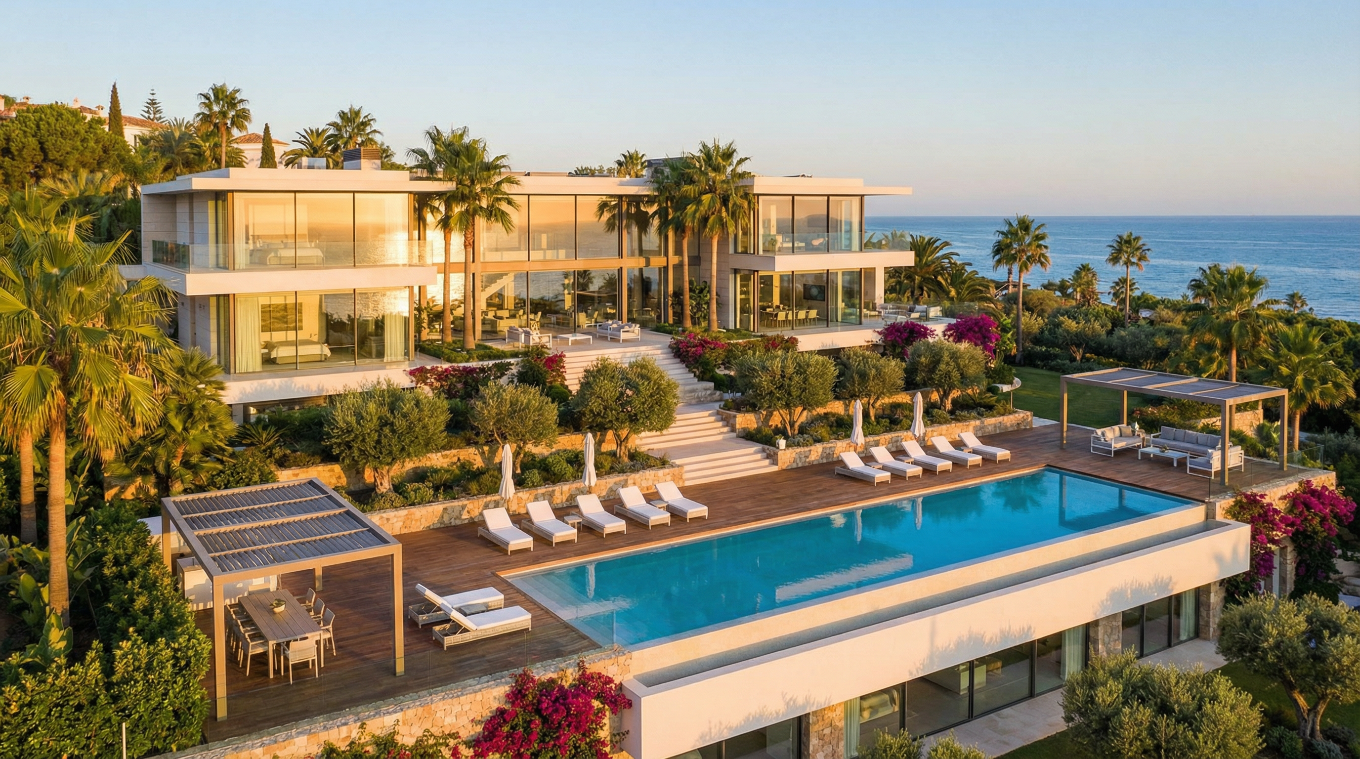 Légi felvétel egy modern luxus villáról a Costa del Solon, amely a mediterrán napfényben ragyog, gyönyörű kertekkel és pálmafákkal körülvéve.