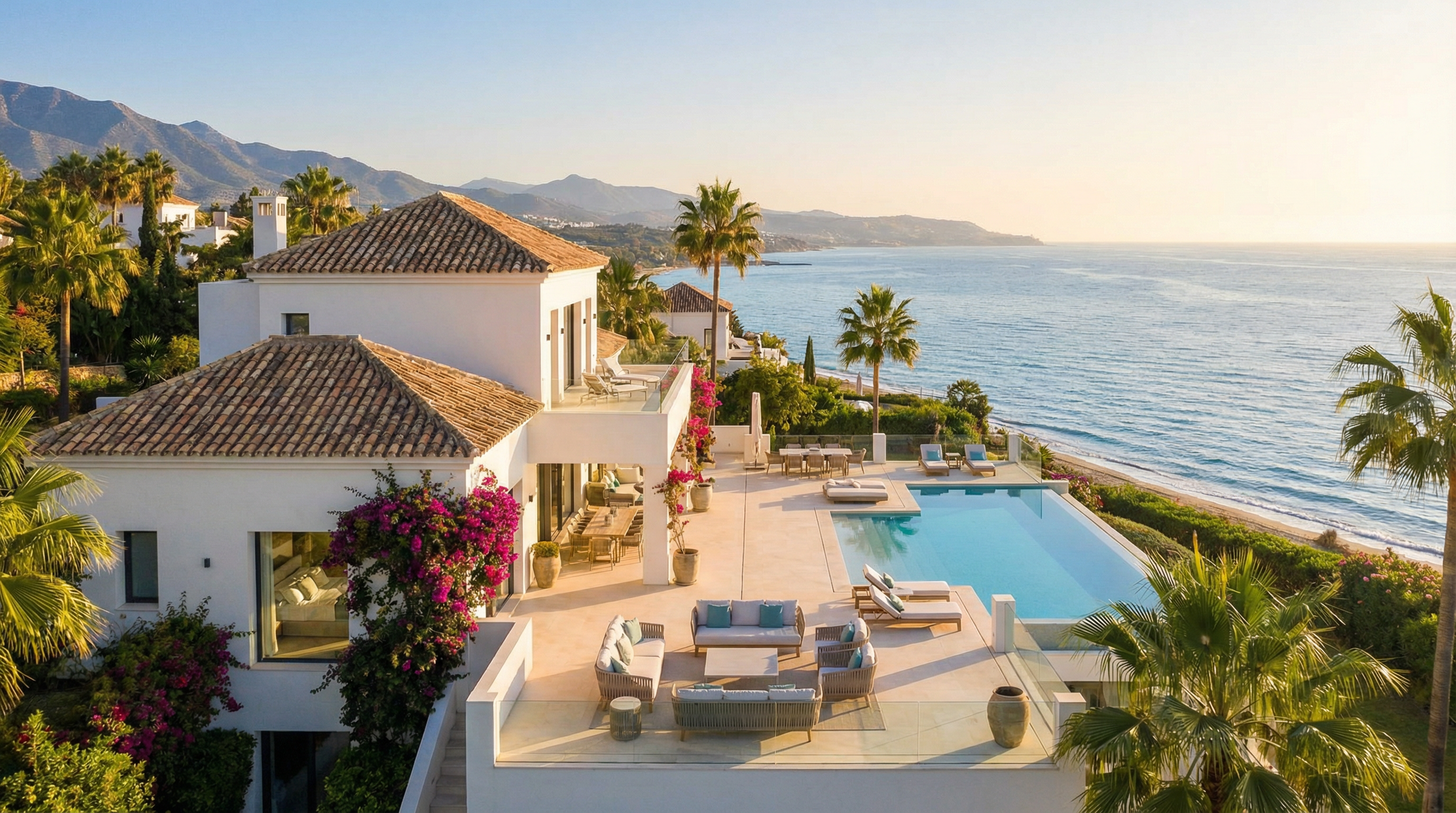 A luxurious beachfront property on the Costa del Sol featuring modern Mediterranean architecture, expansive terrace, and stunning sea views.