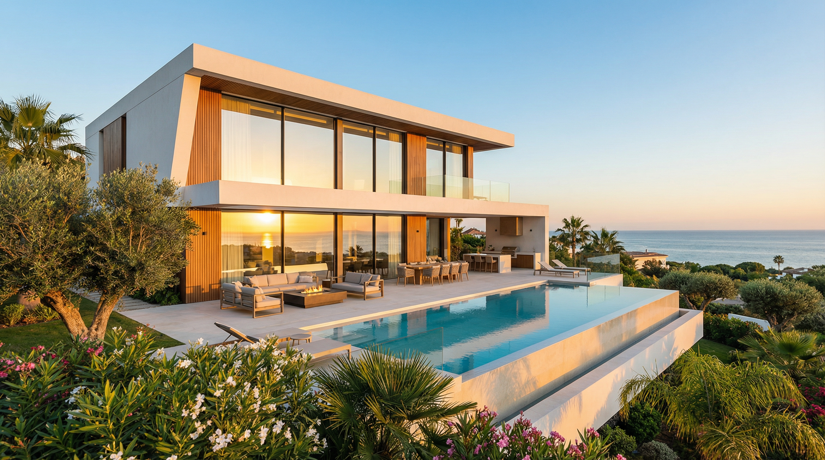 A luxurious new-build villa on the Costa del Sol, featuring modern architecture and an infinity pool, surrounded by lush greenery at golden hour.
