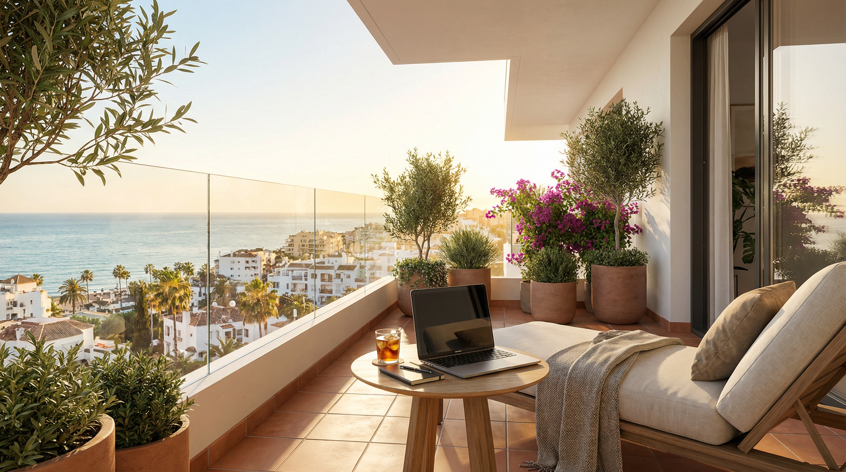 Moderne leilighetsbalkong med utsikt over Middelhavet på Costa del Sol, med stilige møbler og en laptop som symboliserer digital nomad livsstil.