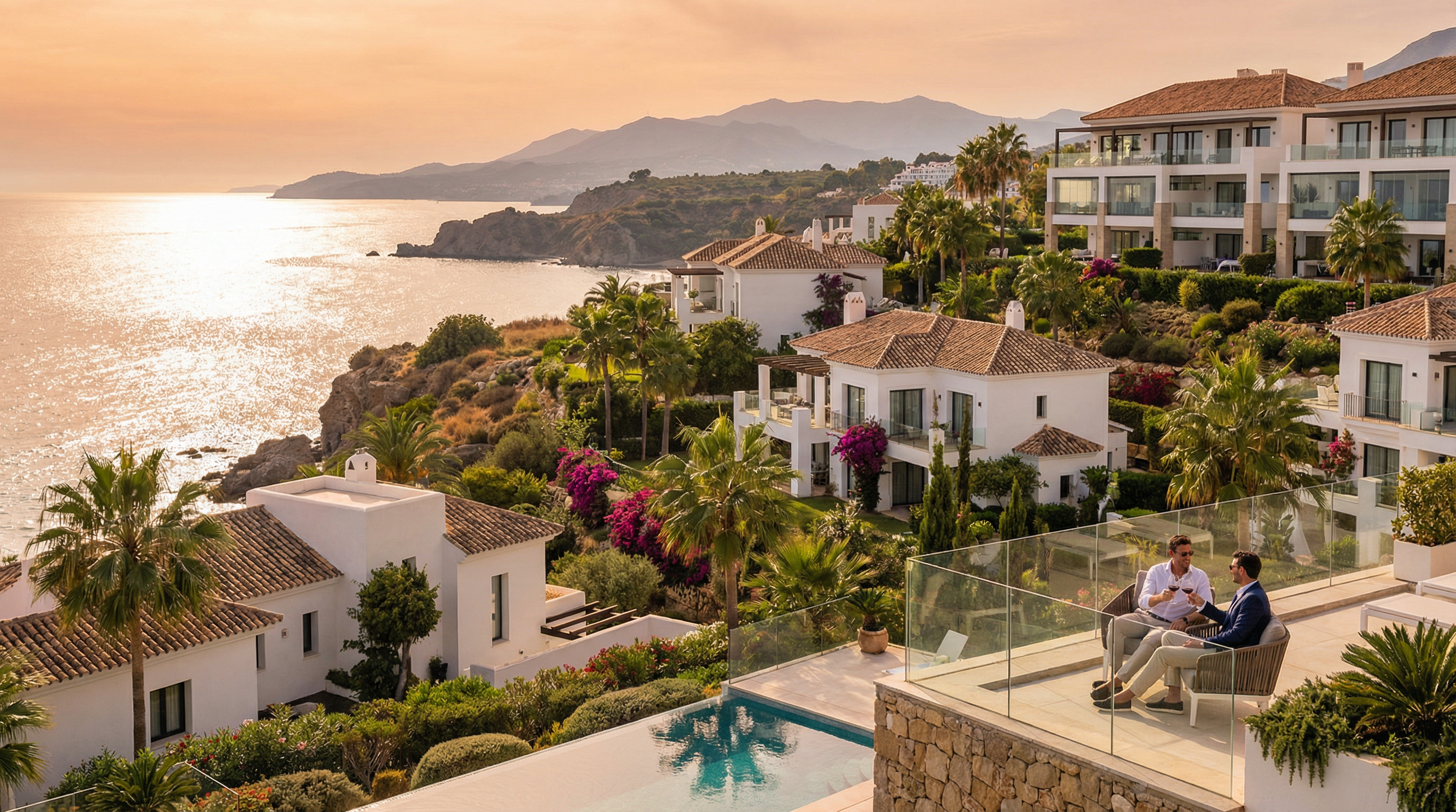 En vacker kustutsikt över Costa del Sol med lyxiga villor och moderna lägenheter, omgiven av grönska och palmer, vid Medelhavet.