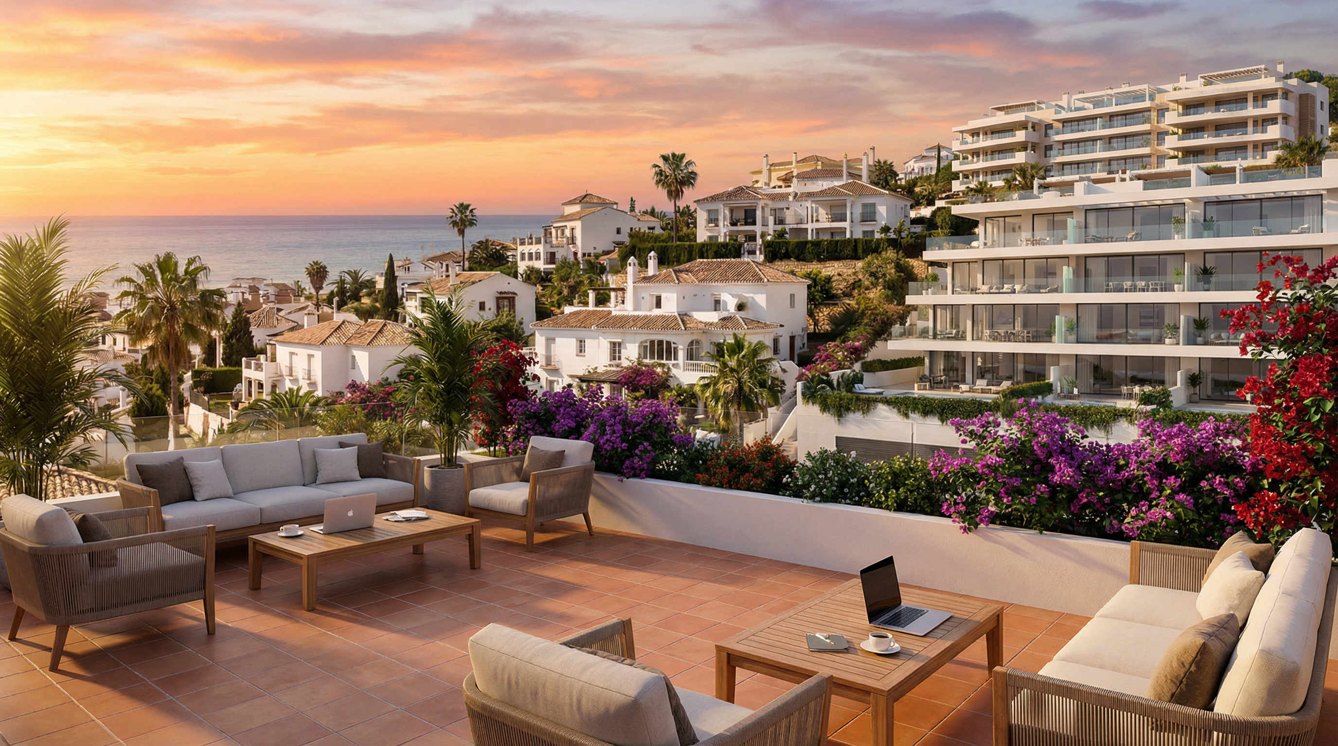 En vacker solnedgång över en kuststad på Costa del Sol, med modern medelhavsstil och traditionell spansk charm. Uteplats inbjuder digitala nomader att arbeta med havsutsikt.
