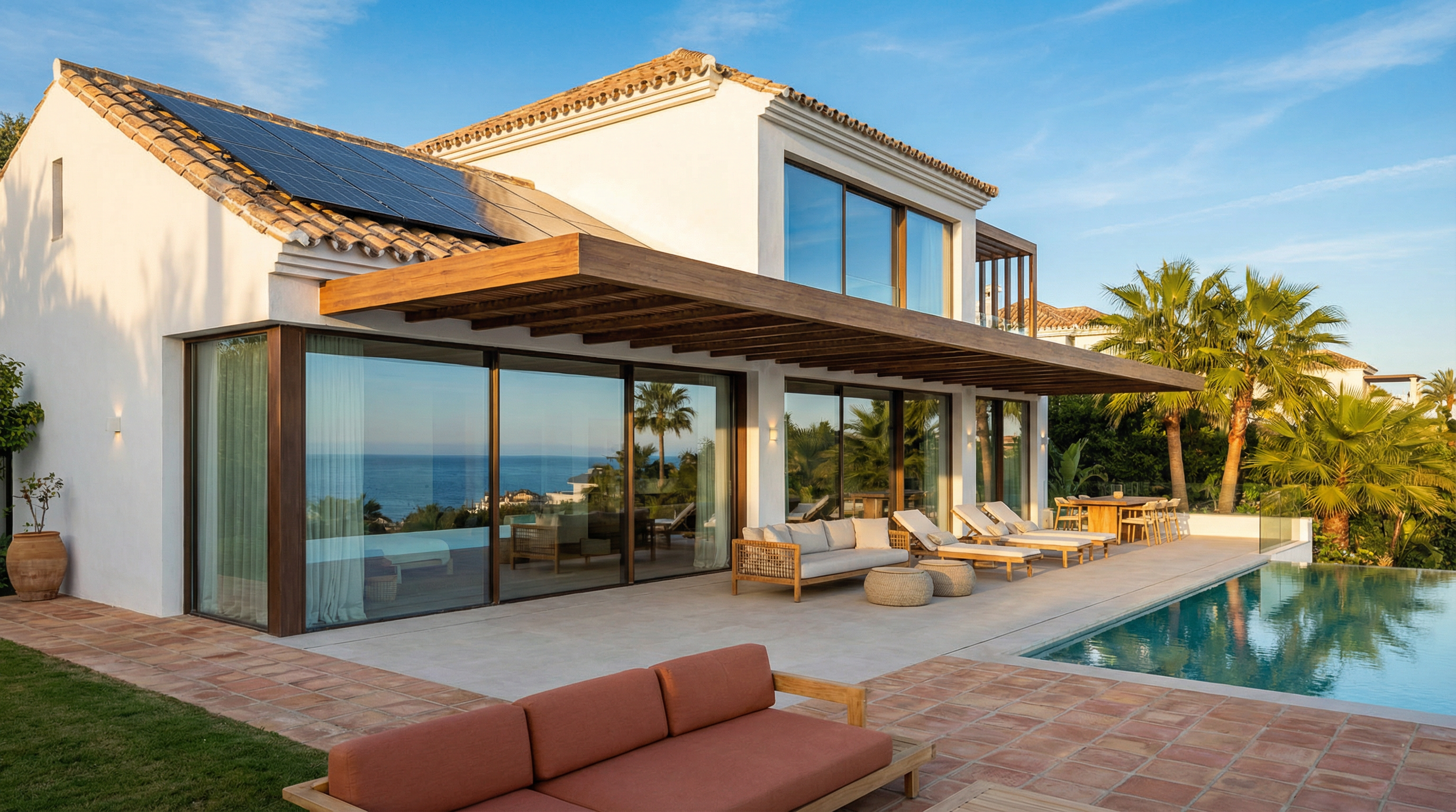 En moderne middelhavsvilla på Costa del Sol som kombinerer tradisjonell hvitkalket arkitektur med moderne design, omgitt av grøntområder og palmer.