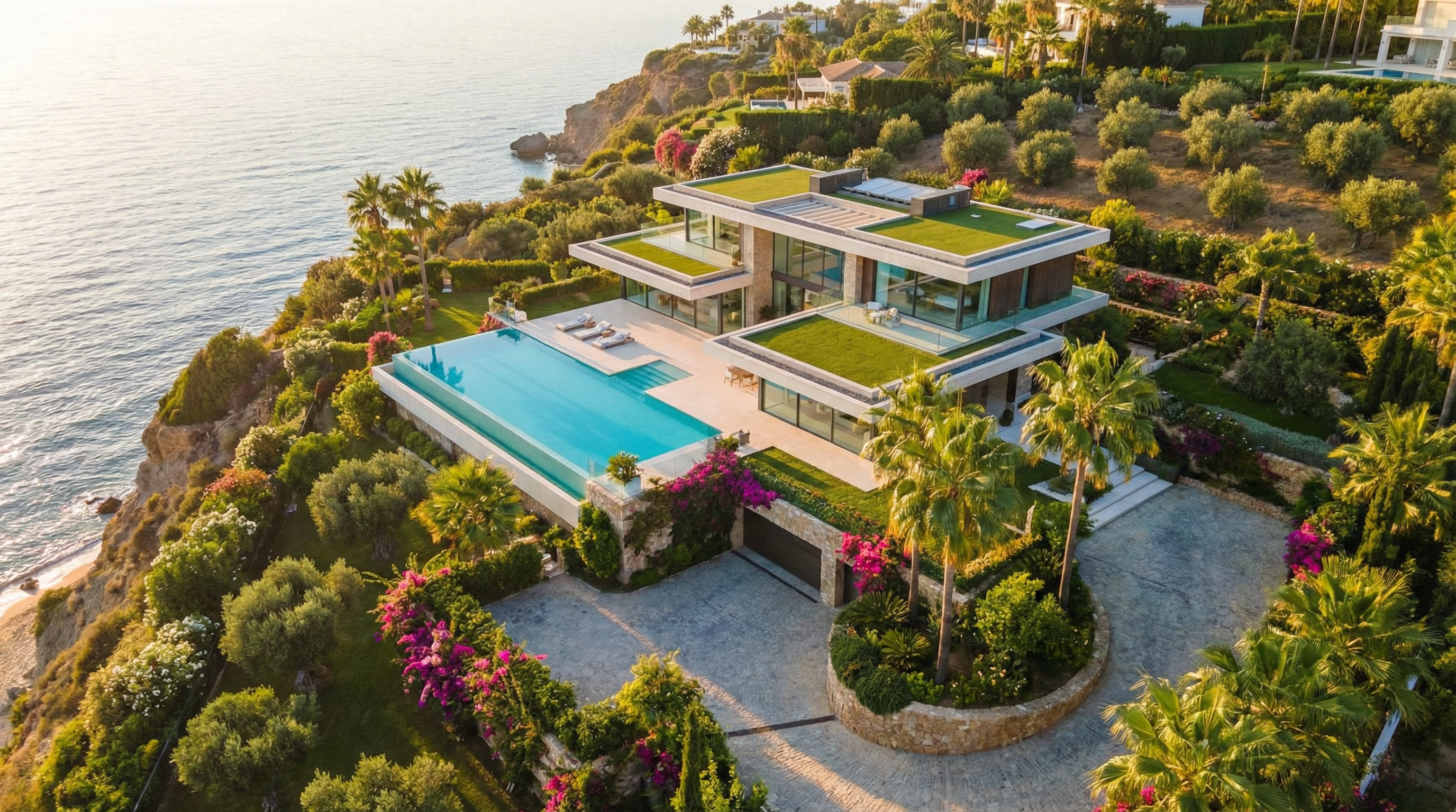 Luftbilde av en luksuriøs villa på Costa del Sol med moderne design, infinity-pool og vakre hager, perfekt for internasjonale investorer.