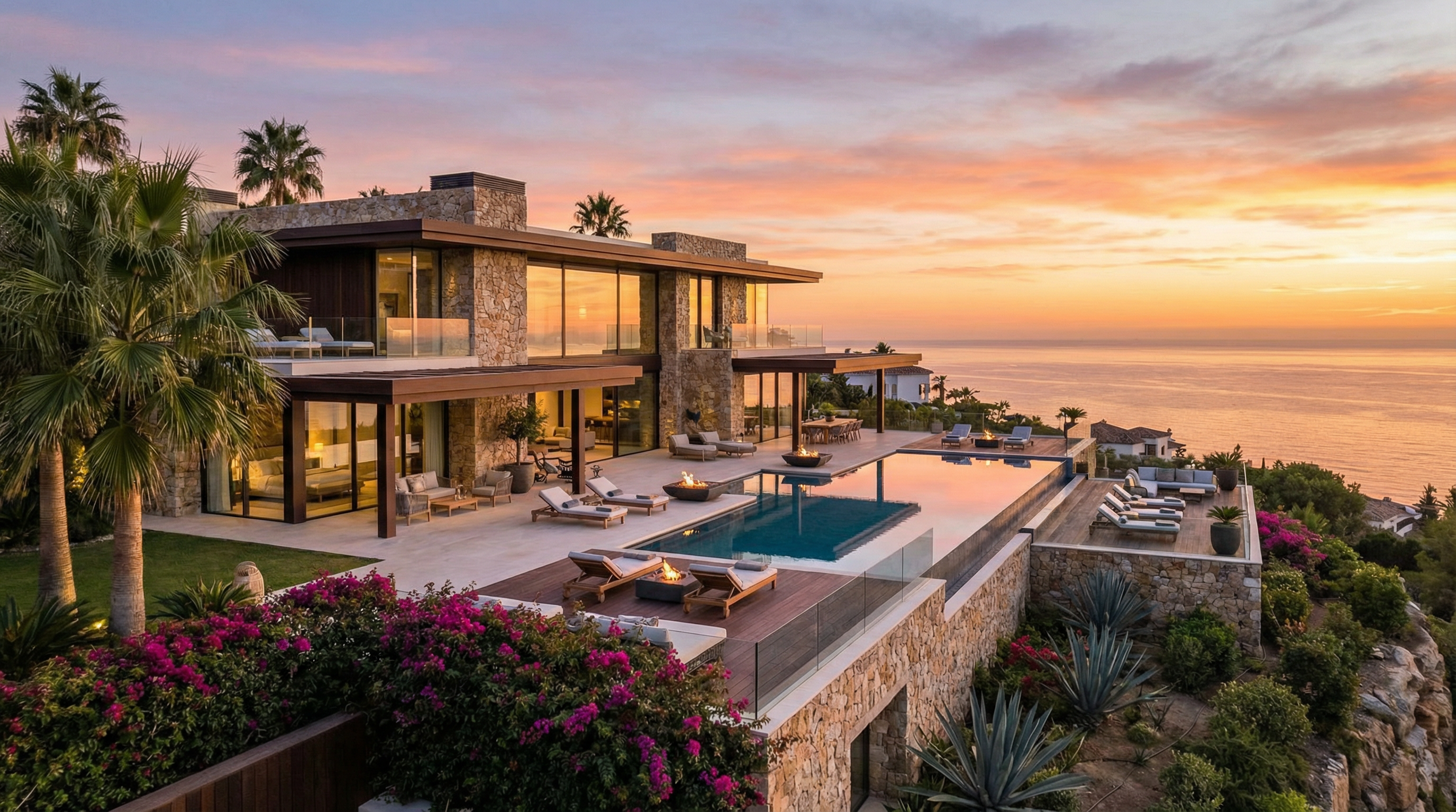 Panorama udsigt over en moderne luksusvilla på Costa del Sol, med infinity pool og Middelhavet i baggrunden. Omkranset af tropisk landskab.