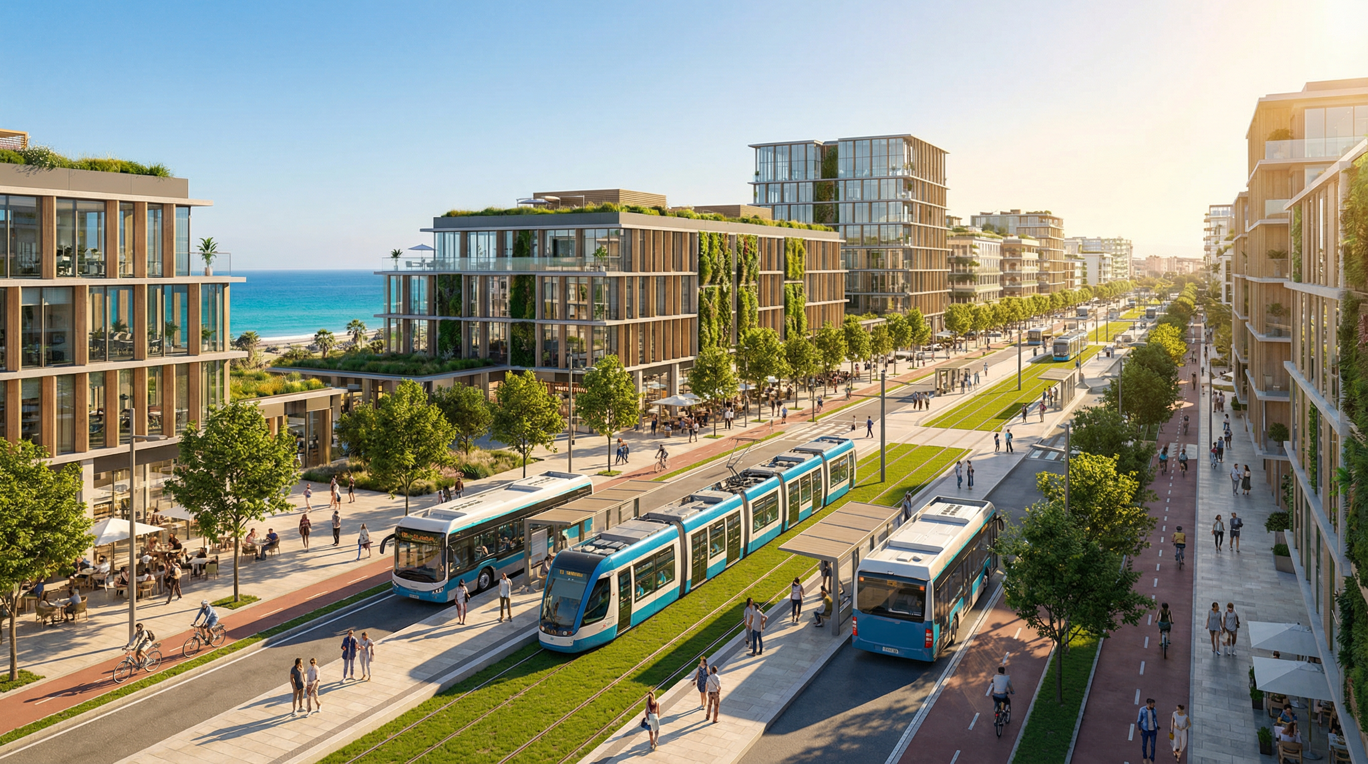 Moderne bybillede af Costa del Sol med elektriske sporvogne og busser, grønne områder og cykelstier, der fremhæver bæredygtig mobilitet.