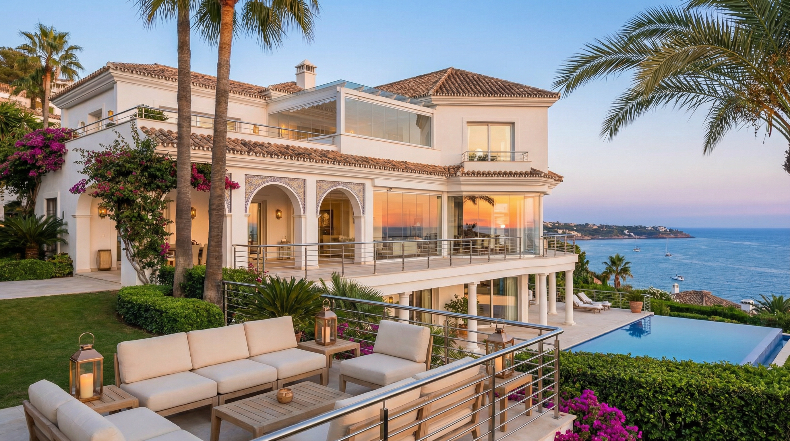 Luxuriøs villa med stor terrasse og glasvægge, der tilbyder en betagende udsigt over Middelhavet ved Costa del Sol ved solnedgang.