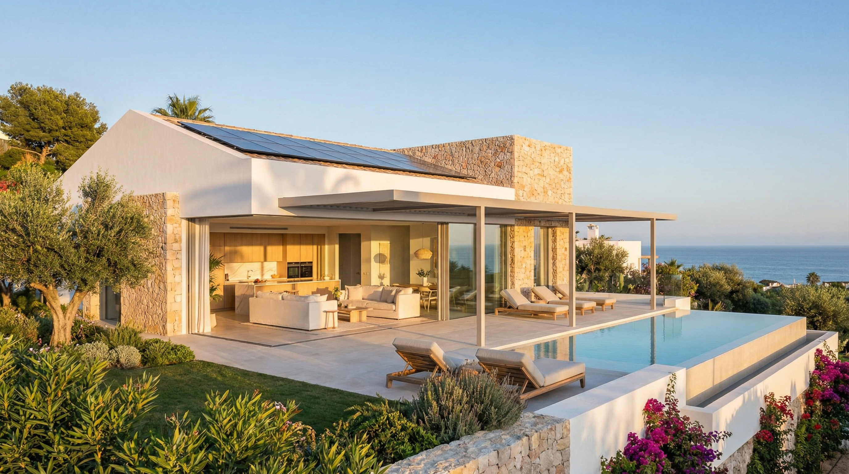 Moderne middelhavsvilla på Costa del Sol med hvidkalkede vægge, store vinduer og udsigt til havet. Omgivet af frodig vegetation.