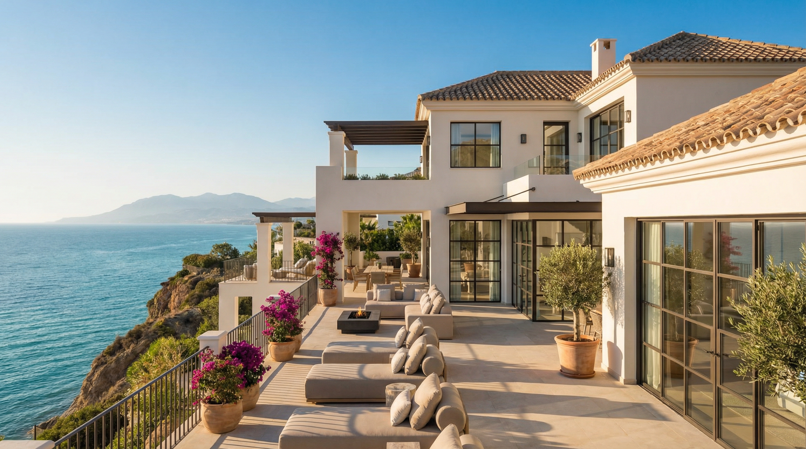 Moderni Välimeren villa Costa del Solissa, jossa yhdistyvät perinteinen valkoinen stucco ja nykyaikaiset linjat, upealla merinäköalalla.