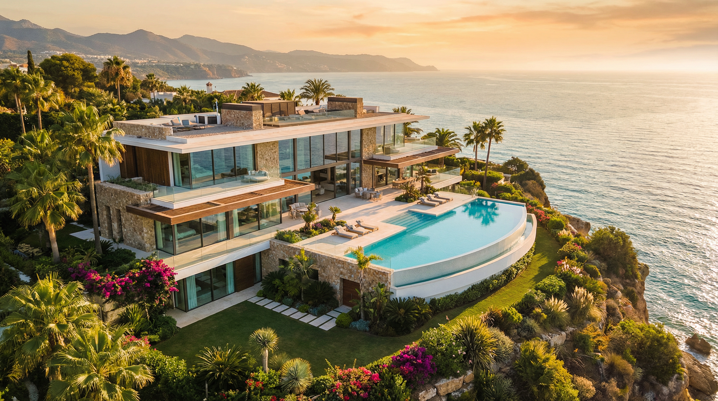 Ilmakuva ylellisestä rantavillasta Costa del Solilla, moderni arkkitehtuuri, infinity-uima-allas ja merinäköala.