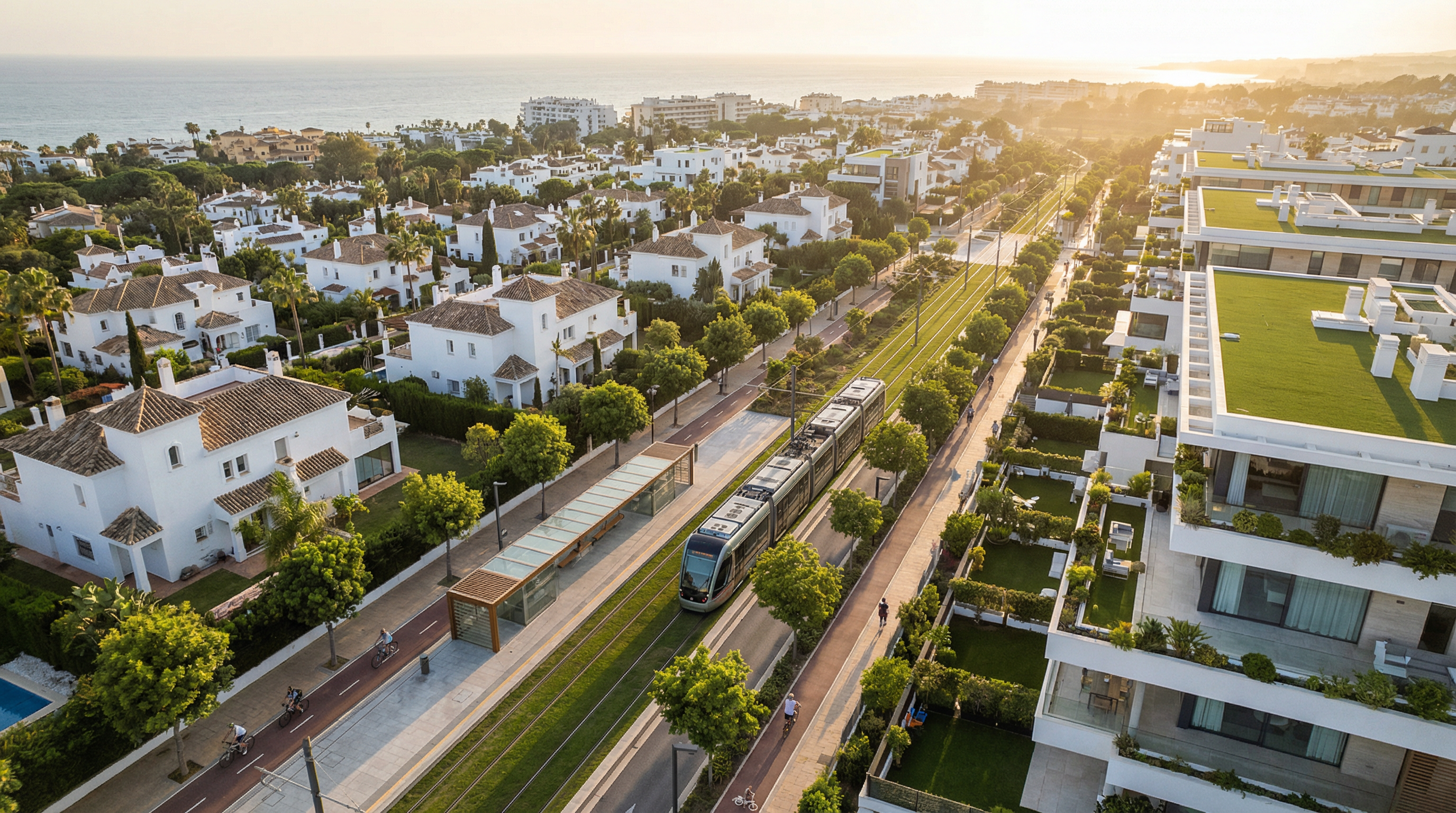 Upea ilmakuva modernista Costa del Solin kaupunginosasta, jossa näkyy sähkötrampeja ja parannettuja bussipysäkkejä, kauniit valkoiset rakennukset ja vihreät puut.
