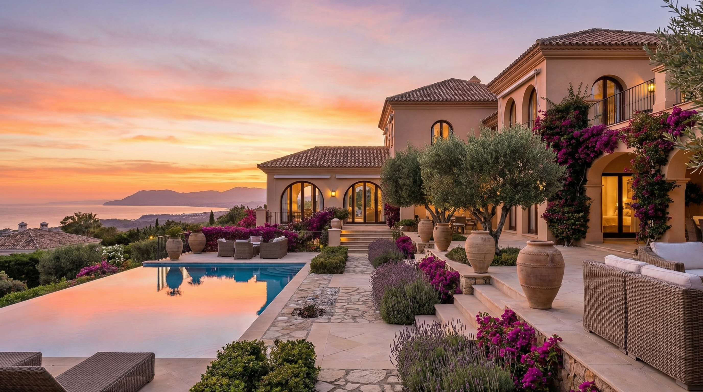 Vue imprenable au coucher de soleil sur une villa luxueuse de la Costa del Sol, mettant en valeur des éléments architecturaux méditerranéens et un paysage naturel spectaculaire.