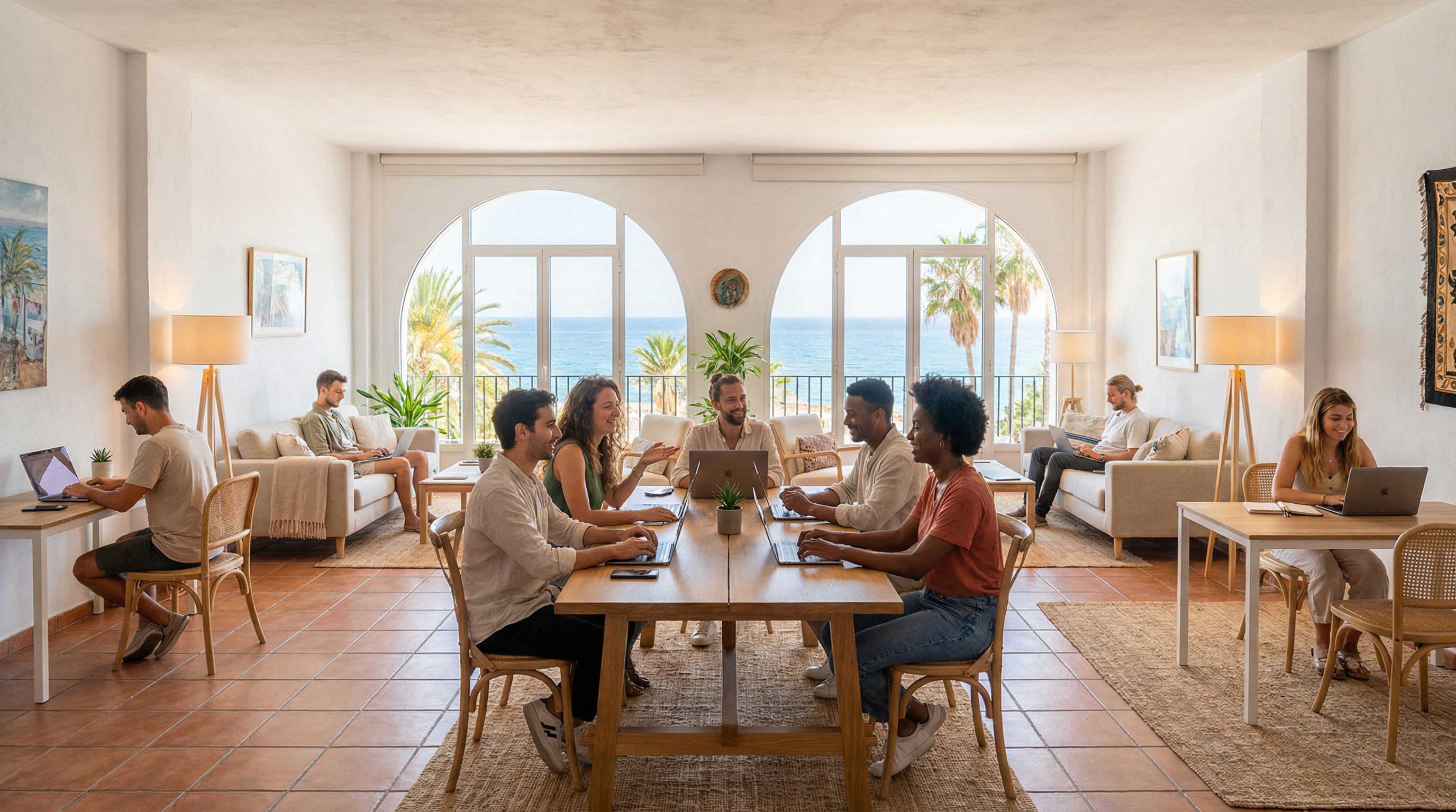 Un espace de co-working moderne sur la Costa del Sol, avec des nomades digitaux travaillant sur leurs ordinateurs portables, vue sur la mer Méditerranée.
