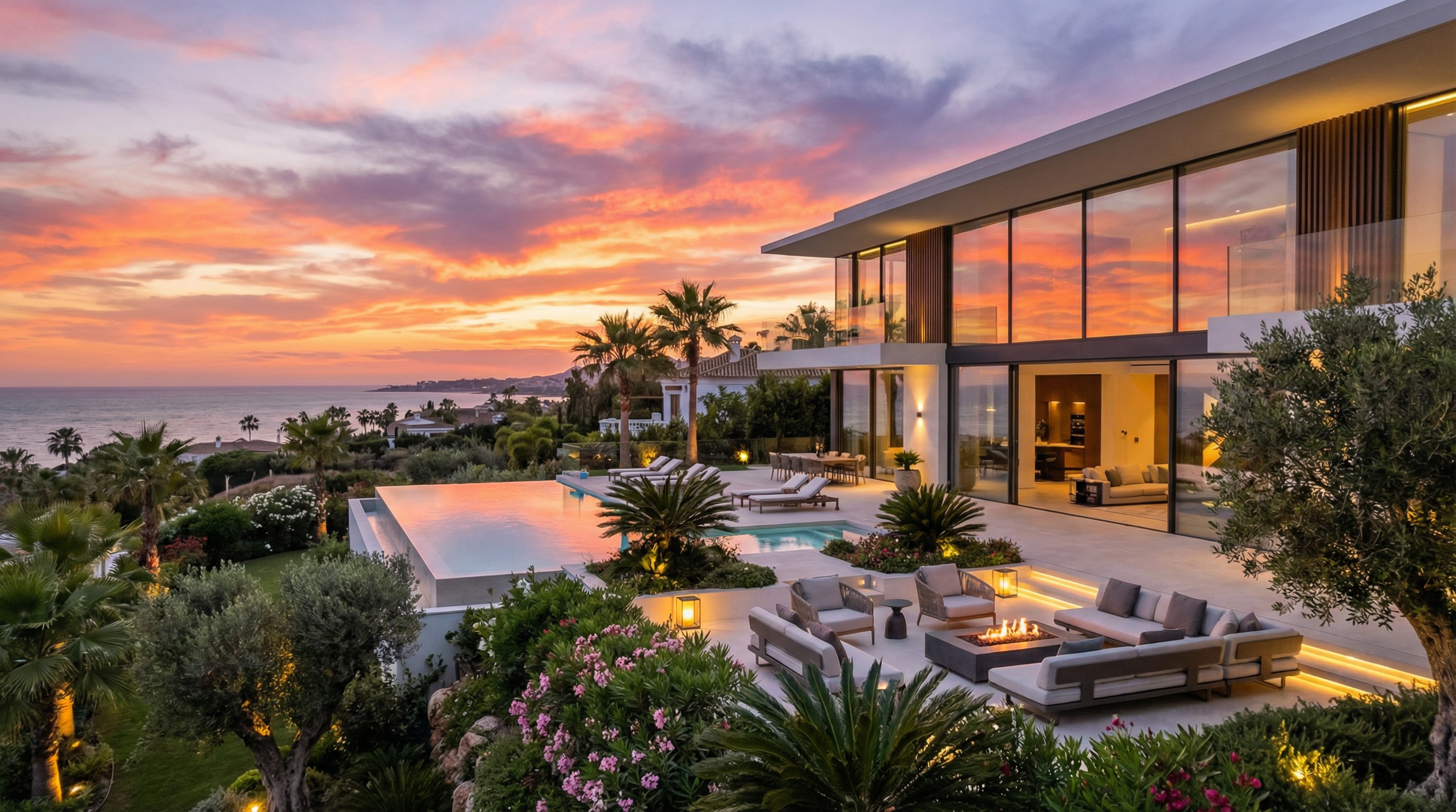 Vue imprenable d'une villa moderne et luxueuse sur la Costa del Sol, avec piscine à débordement et jardins méditerranéens au coucher du soleil.