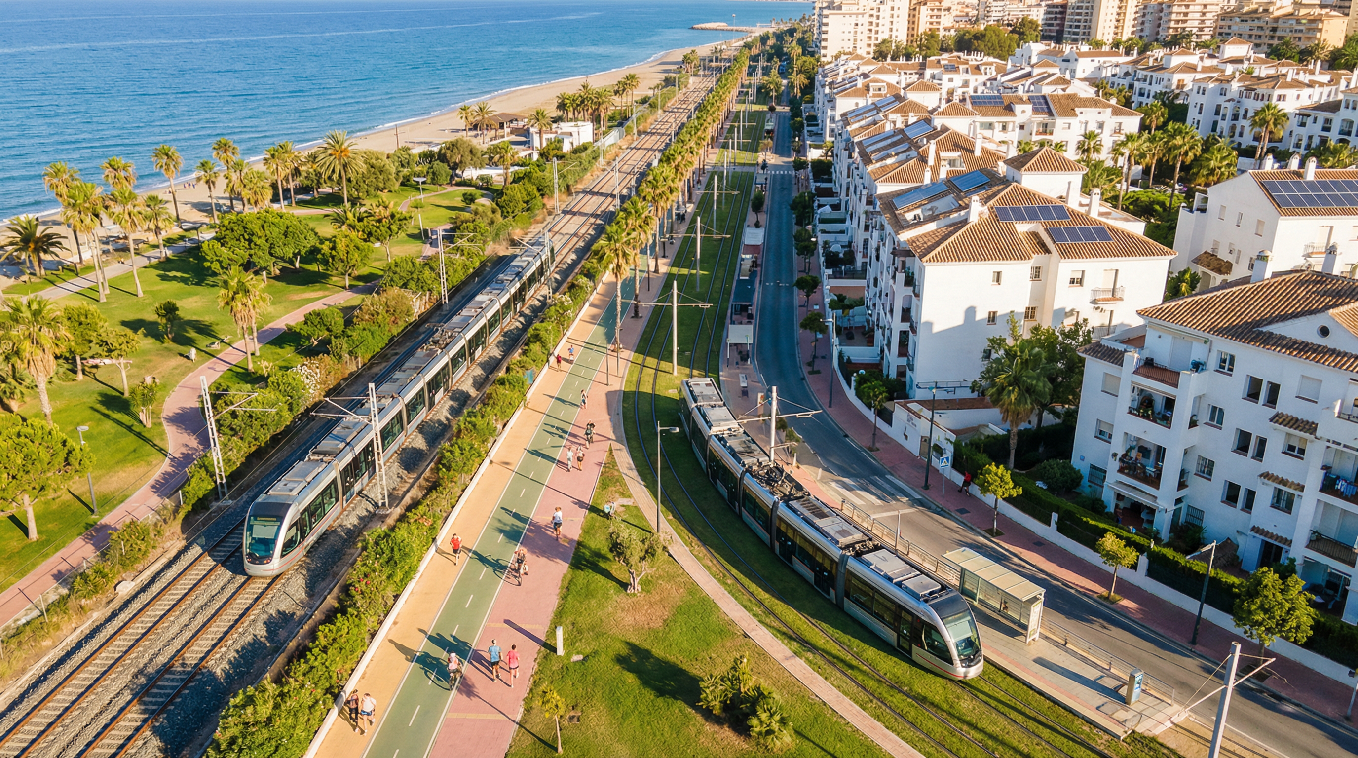 Vue aérienne de la Costa del Sol montrant l'infrastructure moderne des transports publics, y compris des trains électriques et des tramways, dans un cadre méditerranéen.