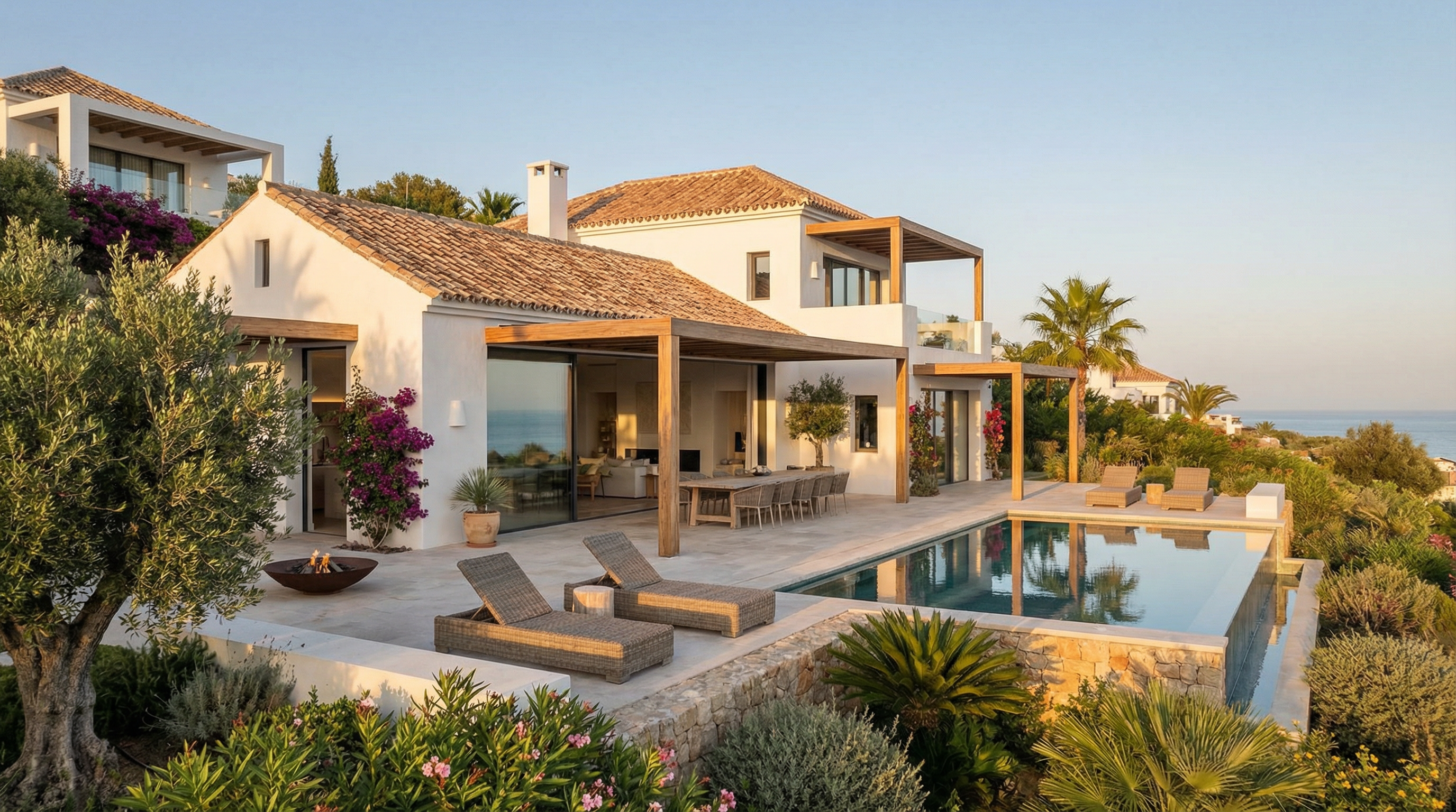 Współczesna willa w Costa del Sol z białymi ścianami, szklanymi ścianami i tarasem, otoczona bujną roślinnością w ciepłym świetle popołudnia.