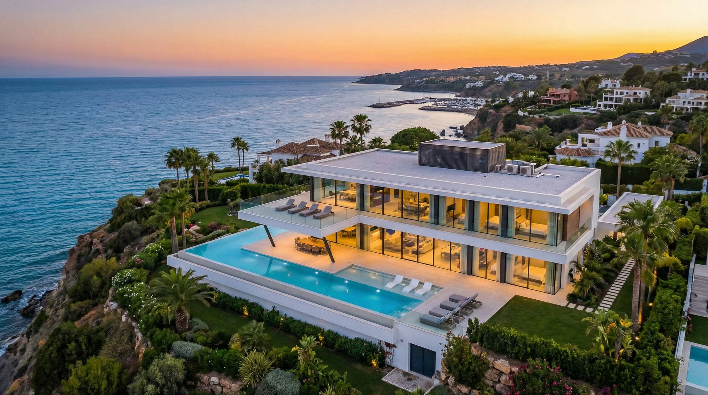 Aerial view of a luxurious villa on Costa del Sol with modern design, sunset glow, infinity pool, and Mediterranean Sea in the background.