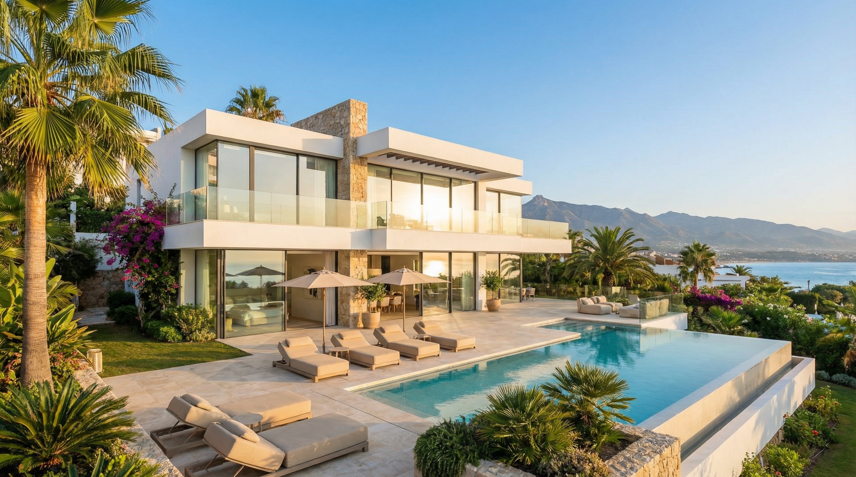 Lyxig villa i Costa del Sol med elegant arkitektur, stora glasfönster och en vacker pool omgiven av grönska och palmer.