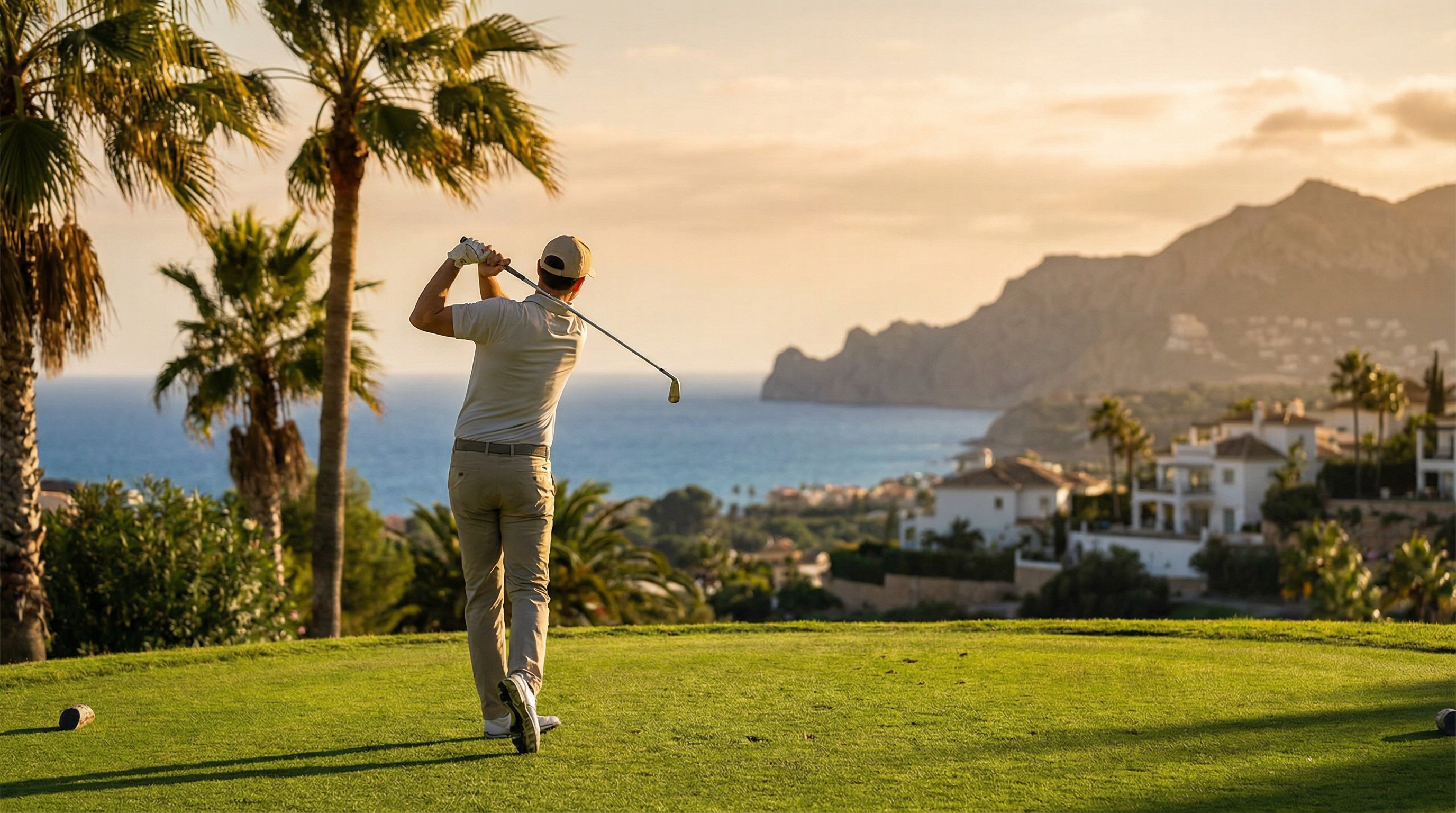 Golfista uderzający piłkę na zielonym polu golfowym z widokiem na wybrzeże Costa del Sol, palmami i błękitnym niebem.