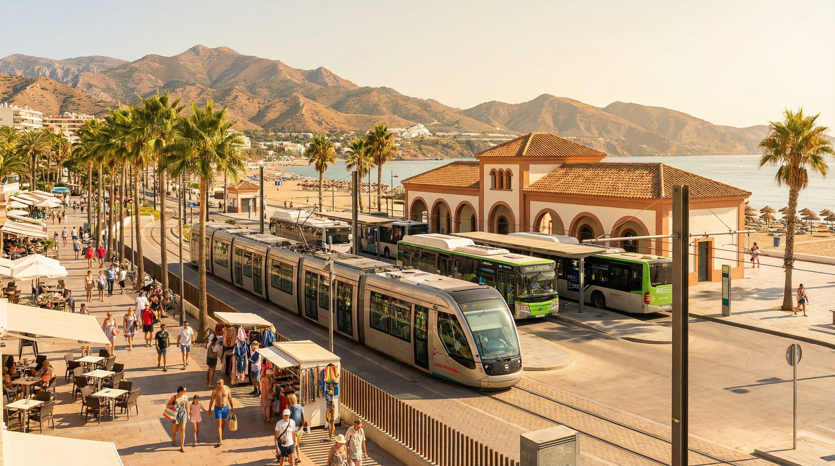 Nowoczesny węzeł komunikacyjny na Costa del Sol z tętniącym życiem otoczeniem, gdzie turyści i mieszkańcy korzystają z transportu publicznego w promieniu palm i pięknych plaż.