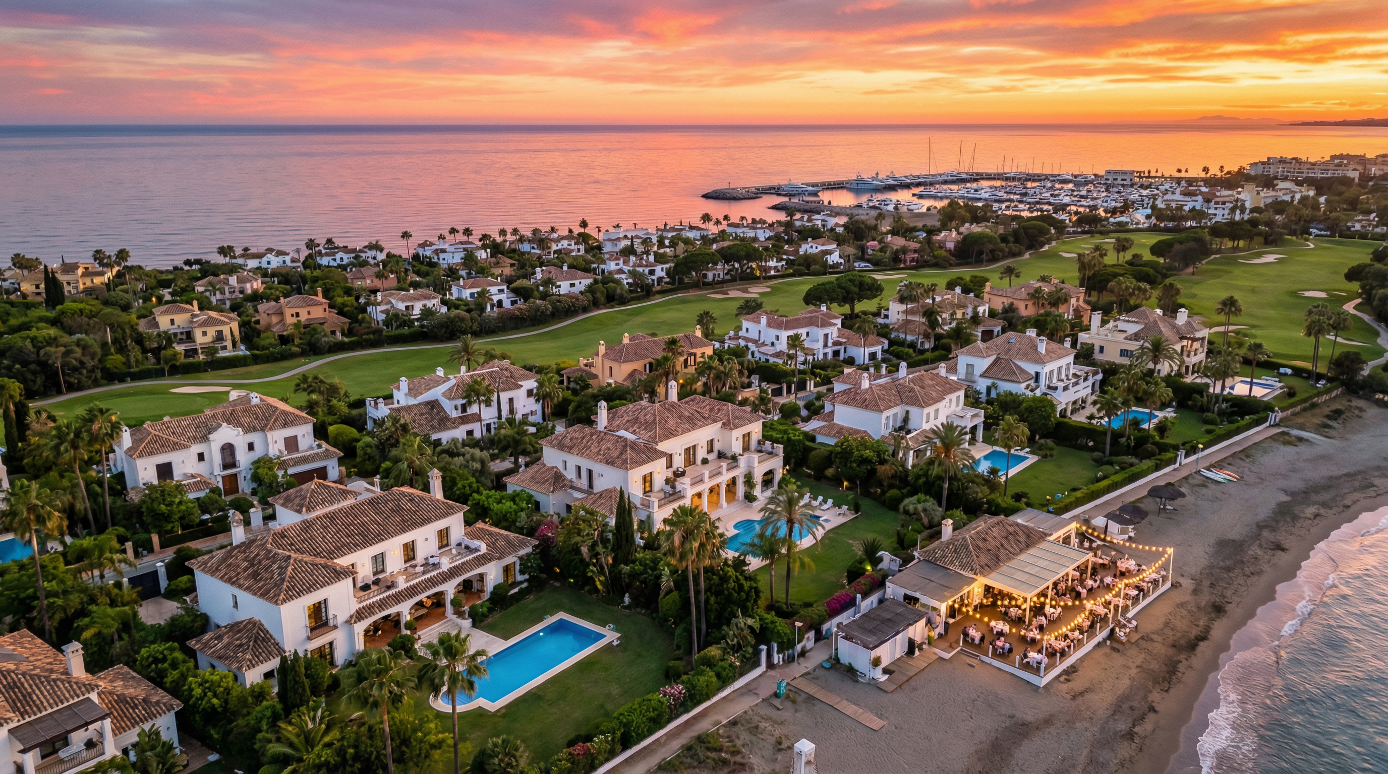 Aerial view of luxurious Mediterranean-style villas in Costa del Sol with palm trees, golf course, marina, and sunset reflections.