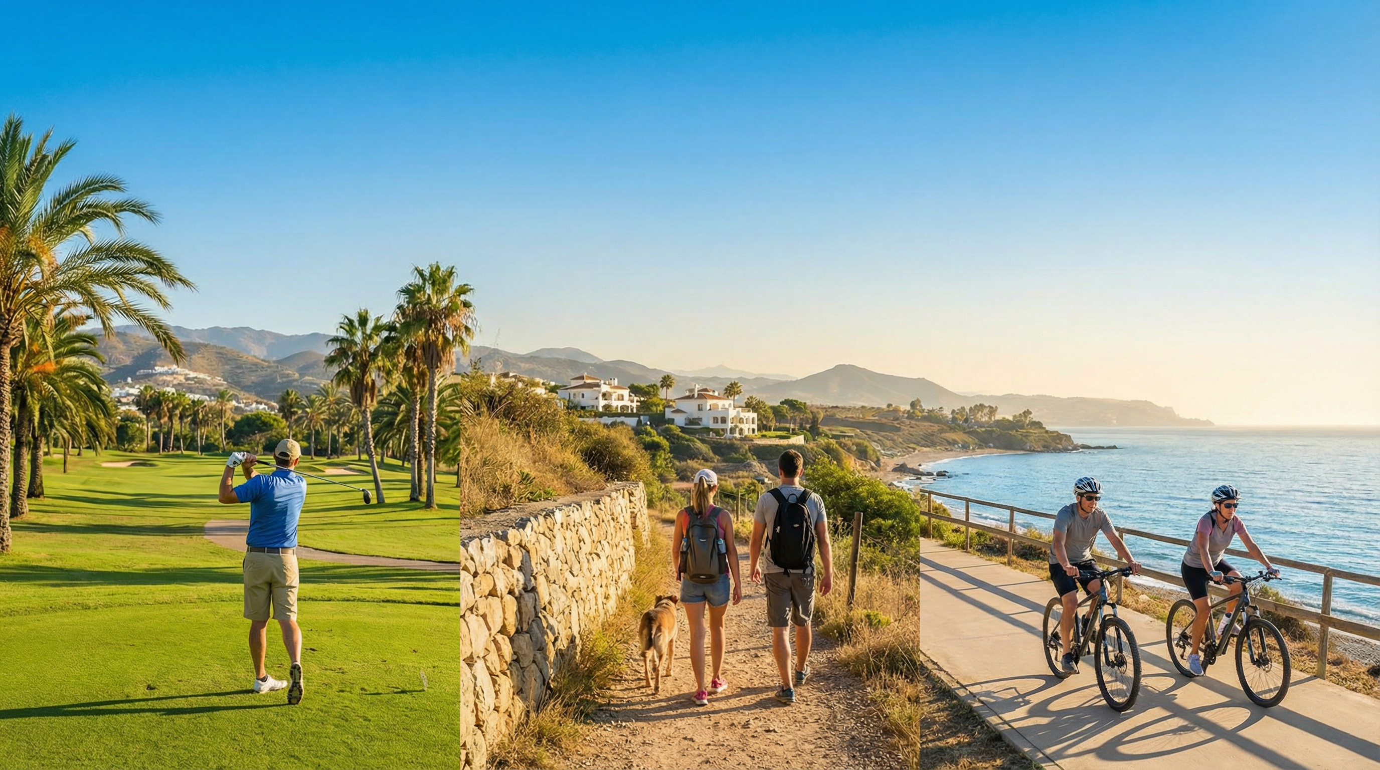 Widok na słoneczne pole golfowe w Costa del Sol z zielonymi fairwayami, palmami i grupą osób uprawiających różne sporty na świeżym powietrzu.