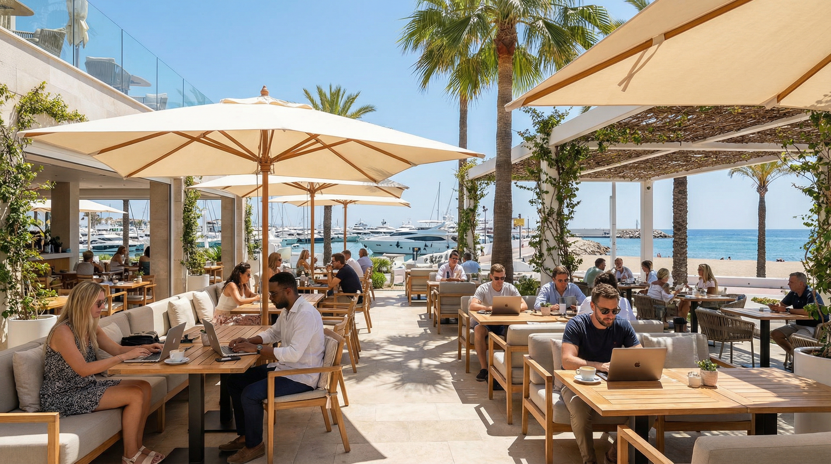 Ett stiligt utomhuscafé i Puerto Banús, Costa del Sol, där digitala nomader arbetar på sina laptops i en avkopplande medelhavsmiljö.