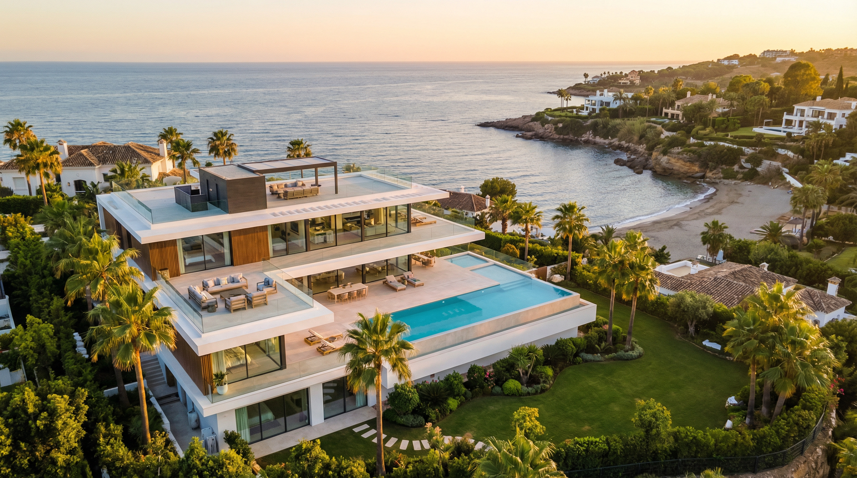 Ilmakuva upeasta luksusvillasta Costa del Solilla, jossa on moderni arkkitehtuuri, suuret lasi-ikkunat ja tilavat terassit Välimeren suuntaan.