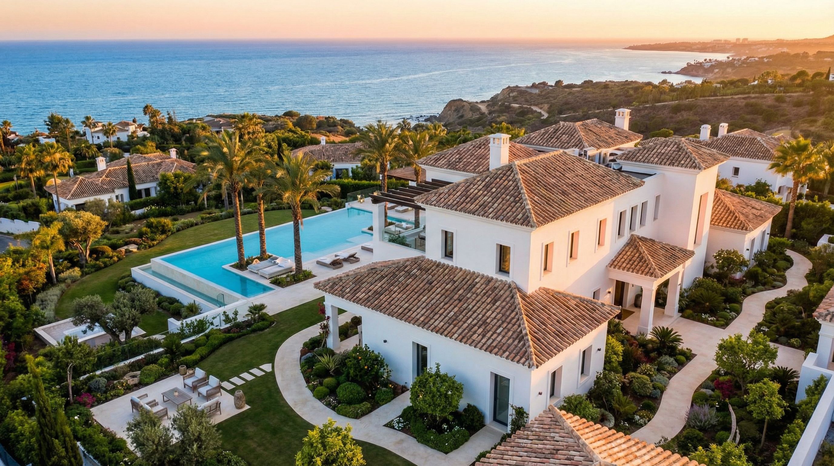 Ilmakuva upeasta luksusvillasta Marbellassa, Costa del Solilla, modernilla Välimeren arkkitehtuurilla ja kauniilla ympäristöllä.