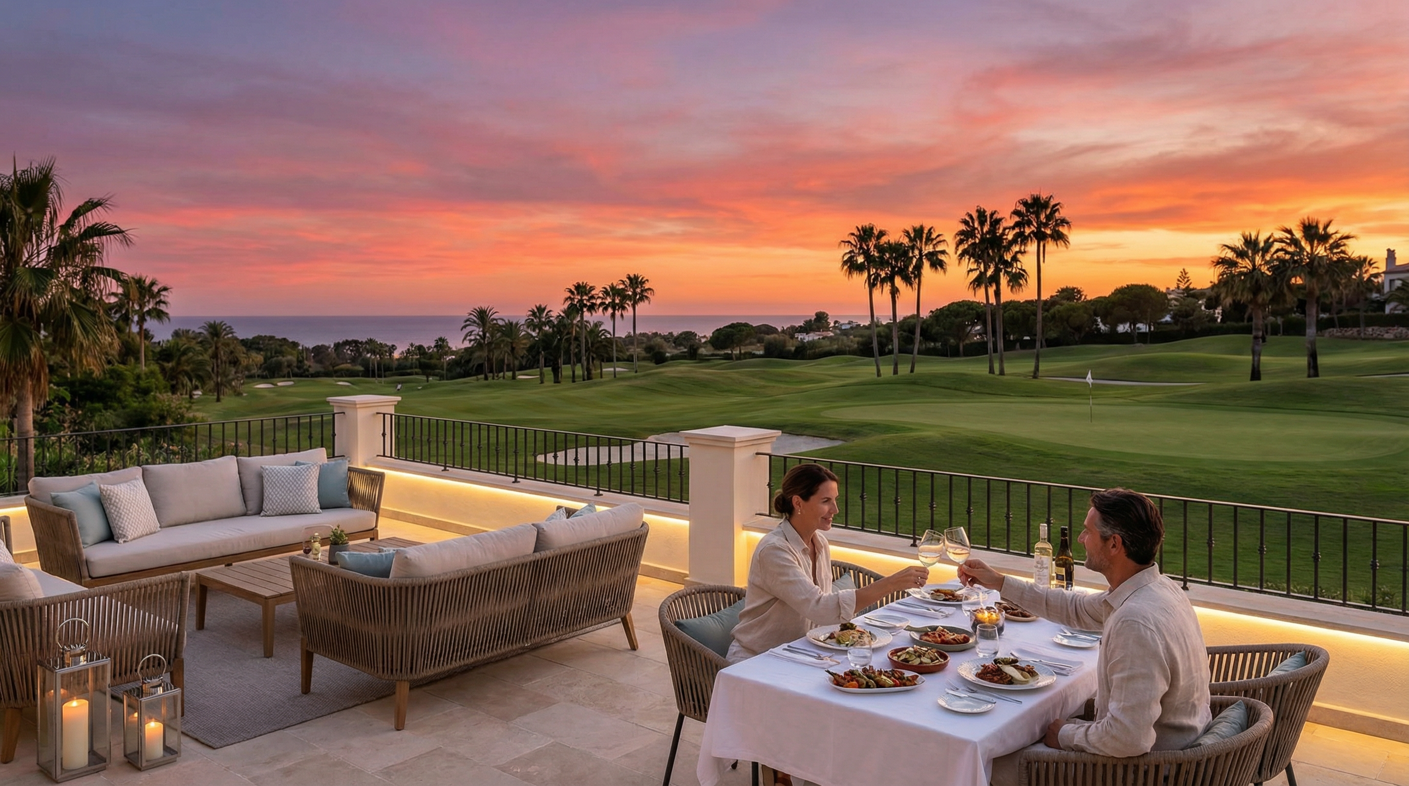 En betagende solnedgang over en luksuriøs golfbane i Costa del Sol, med palmer og elegante villaer i forgrunden.