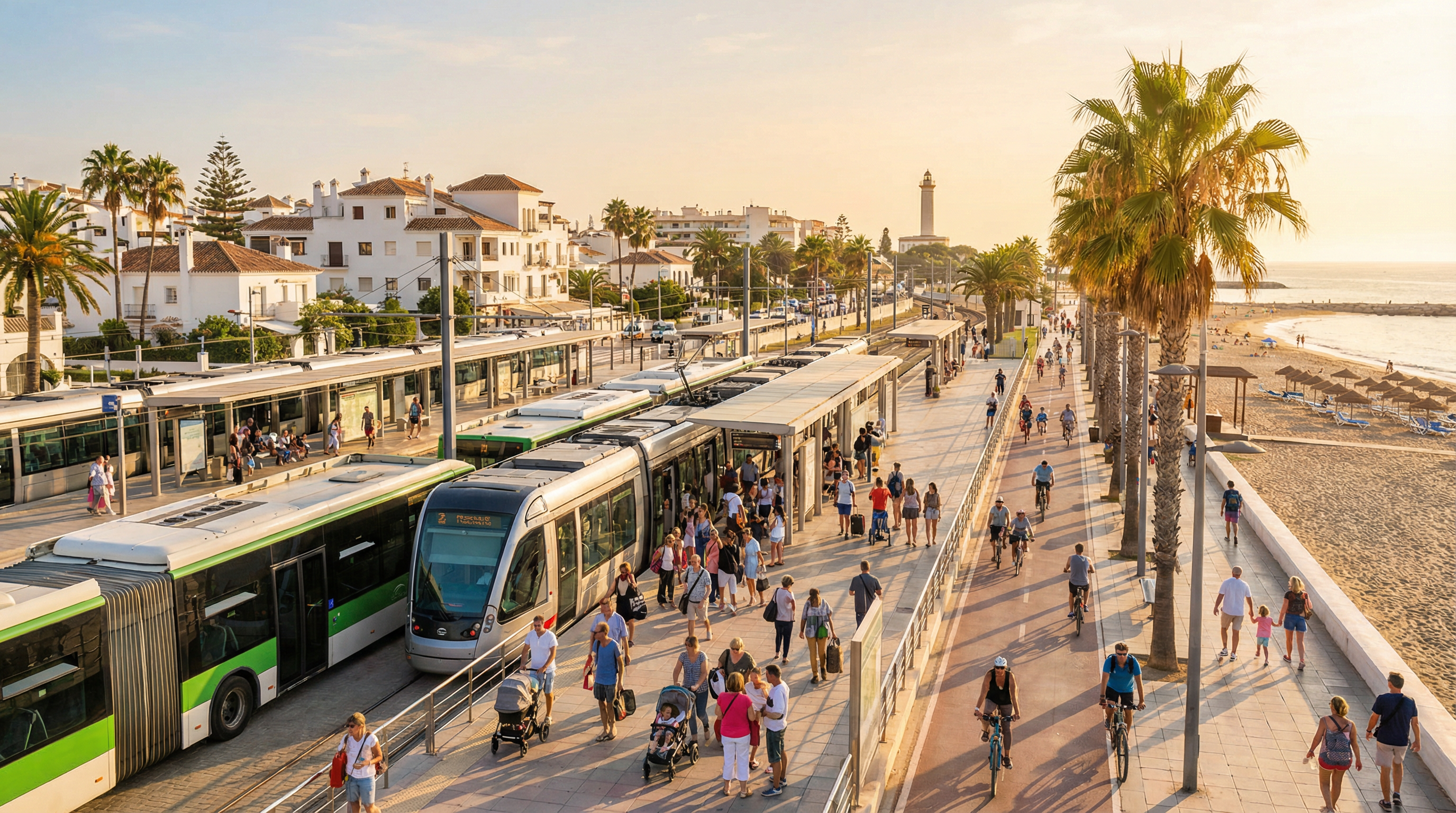 Travl offentlig transport hub på Costa del Sol med moderne tog og busser, mennesker i forskellige baggrunde og smuk middelhavskultur.