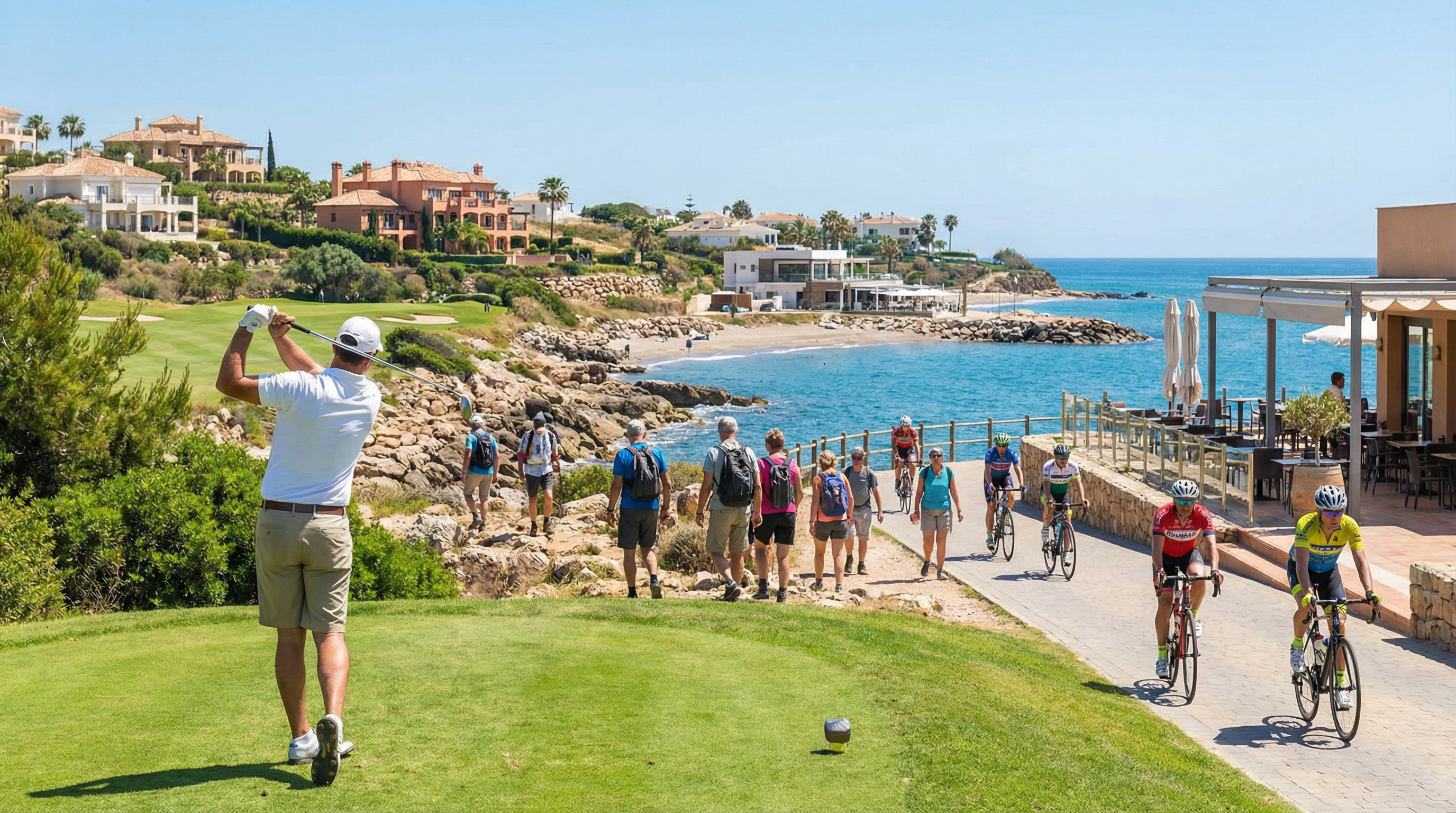 Aktiv livsstil i Costa del Sol: Golfspiller, vandrere og cyklister nyder solen med havet i baggrunden og luksuriøse villaer omkring.