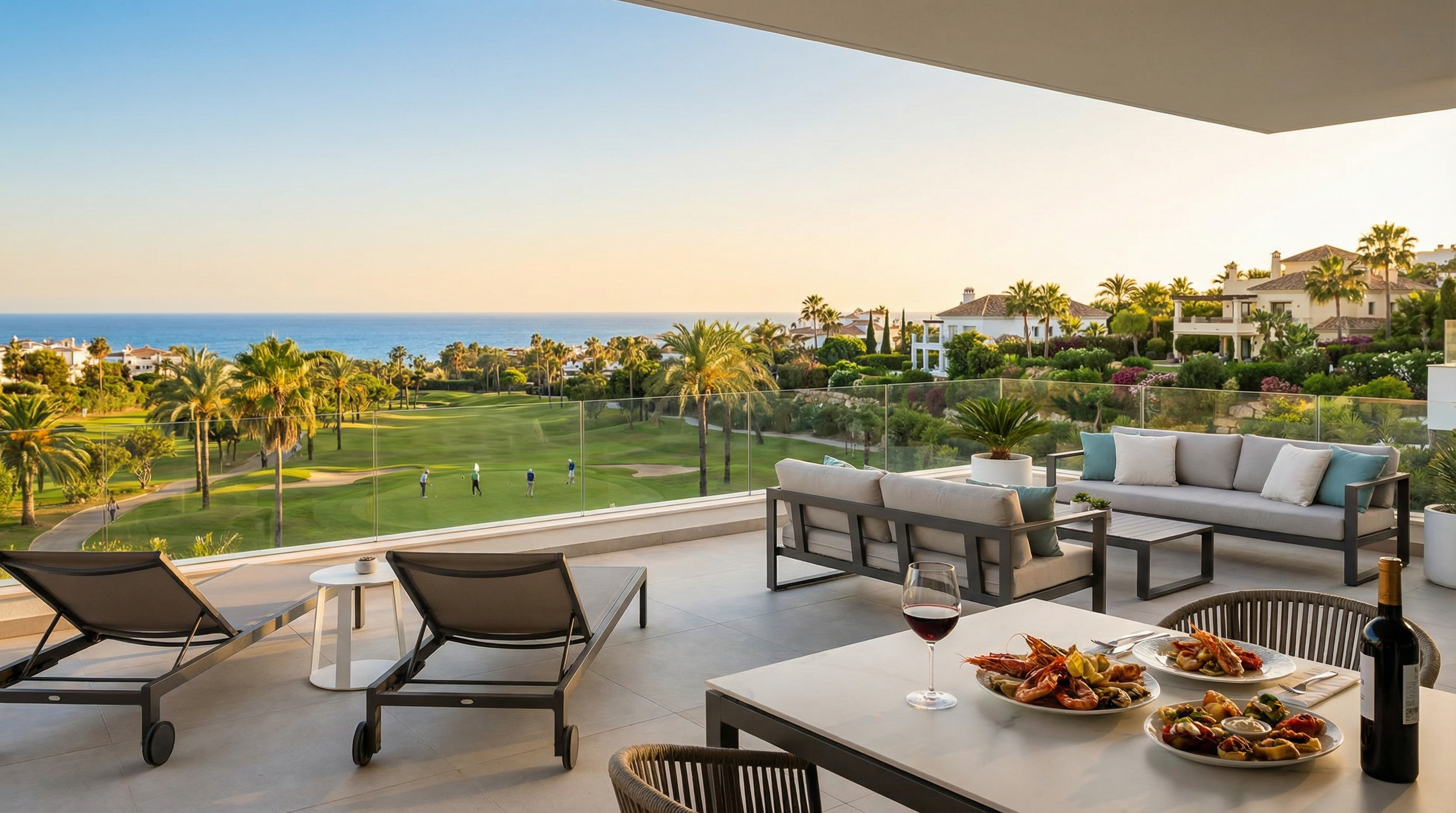 Panoramautsikt over et luksuriøst golfkurs i Costa del Sol med palmer, moderne terrassemøbler og en glitrende Middelhav i bakgrunnen.