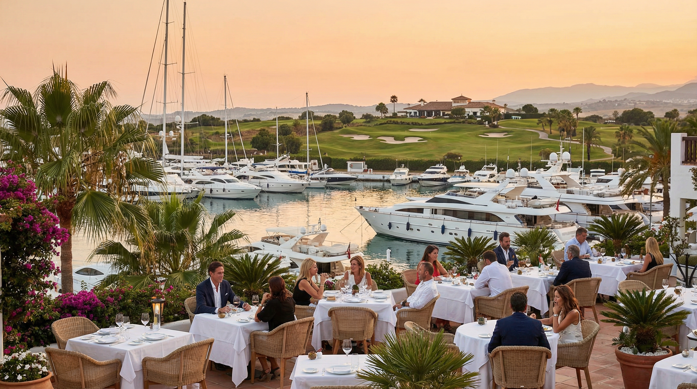 Panoramiczny widok luksusowego stylu życia na Costa del Sol z elegancką mariną pełną jachtów, restauracją Michelin oraz polem golfowym w tle.